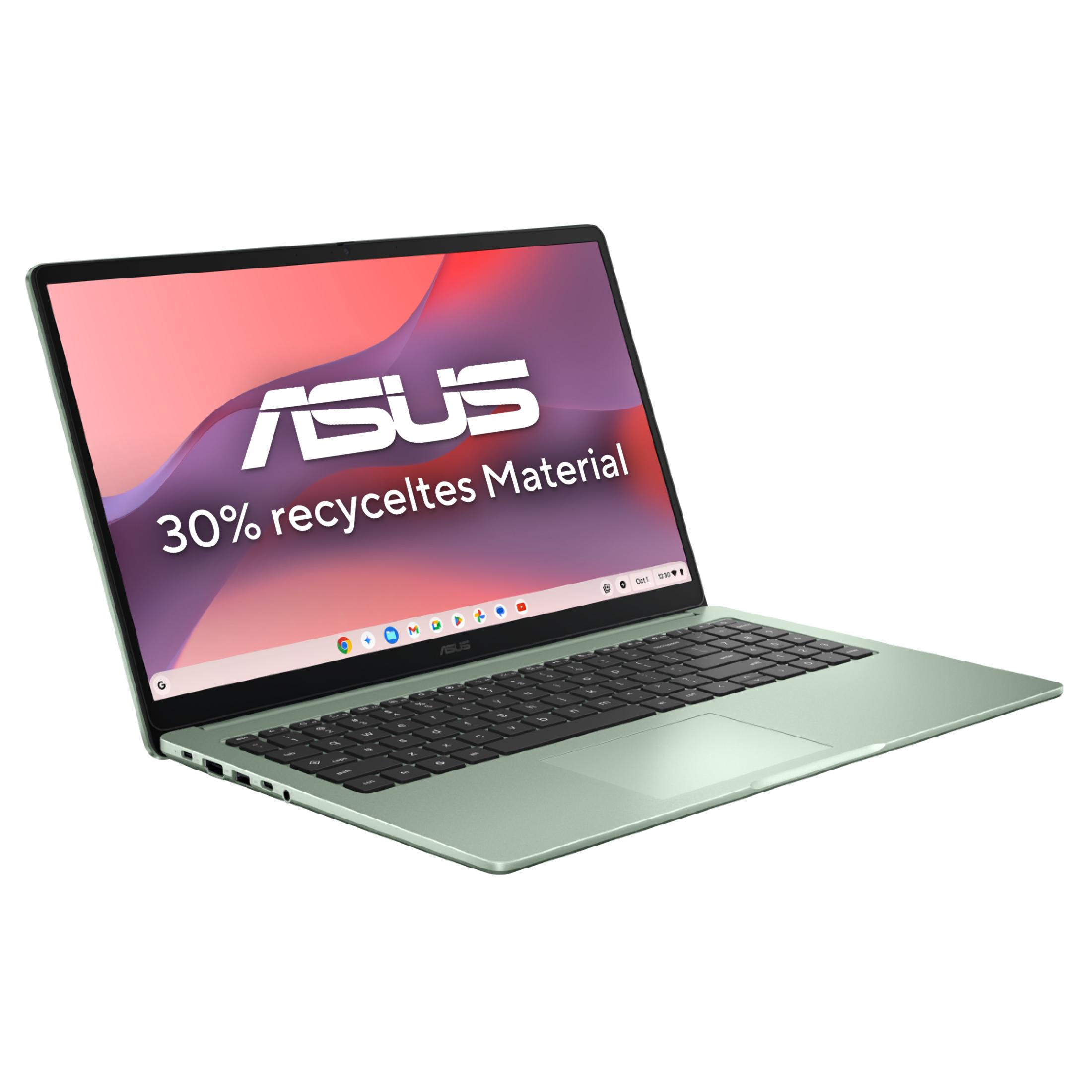 Ein hellgrüner Laptop mit dem ASUS-Logo und "30% recyceltes Material" auf dem Bildschirm.