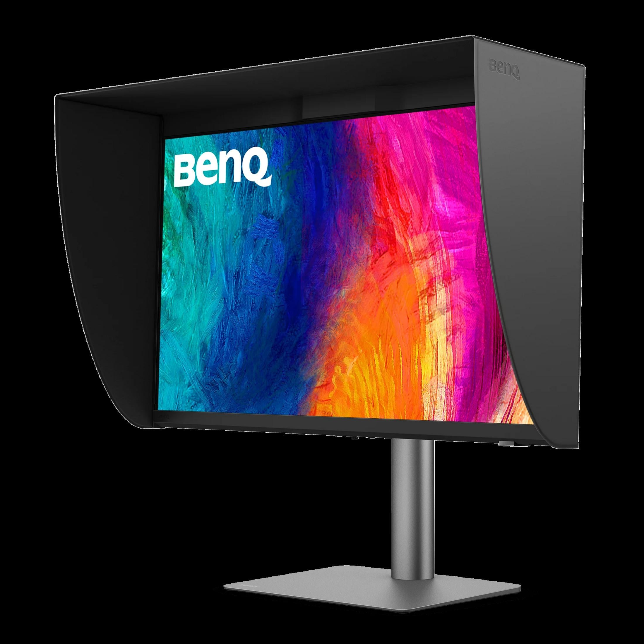 Un monitor BenQ negro con fondo abstracto y colorido sobre un soporte plateado.