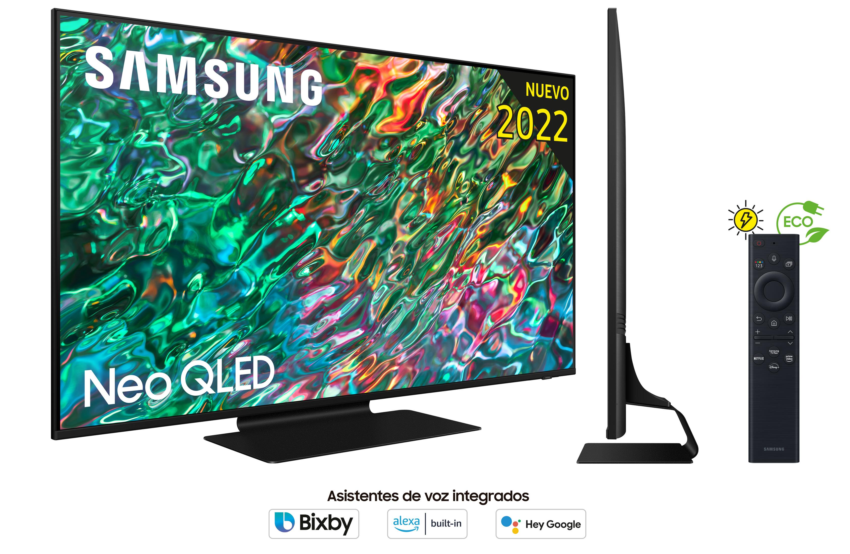 Samsung Neo QLED TV 2022 mit Fernbedienung und ECO-Symbol.