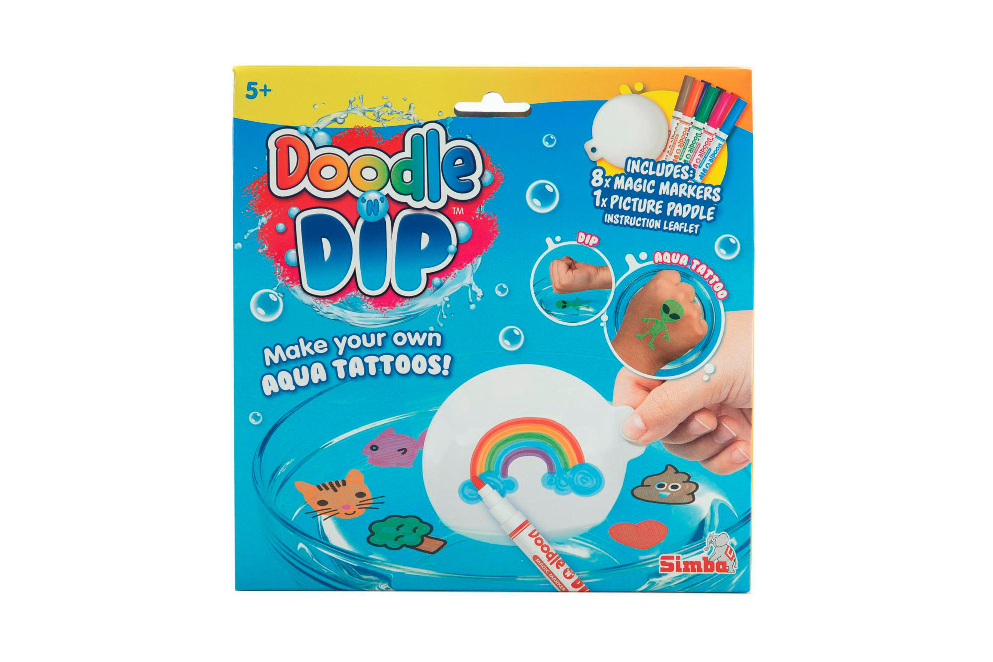Verpackung für ein Aqua-Tattoo-Set mit Markern, Paddel und Anleitung. Zeigt Tattoos.