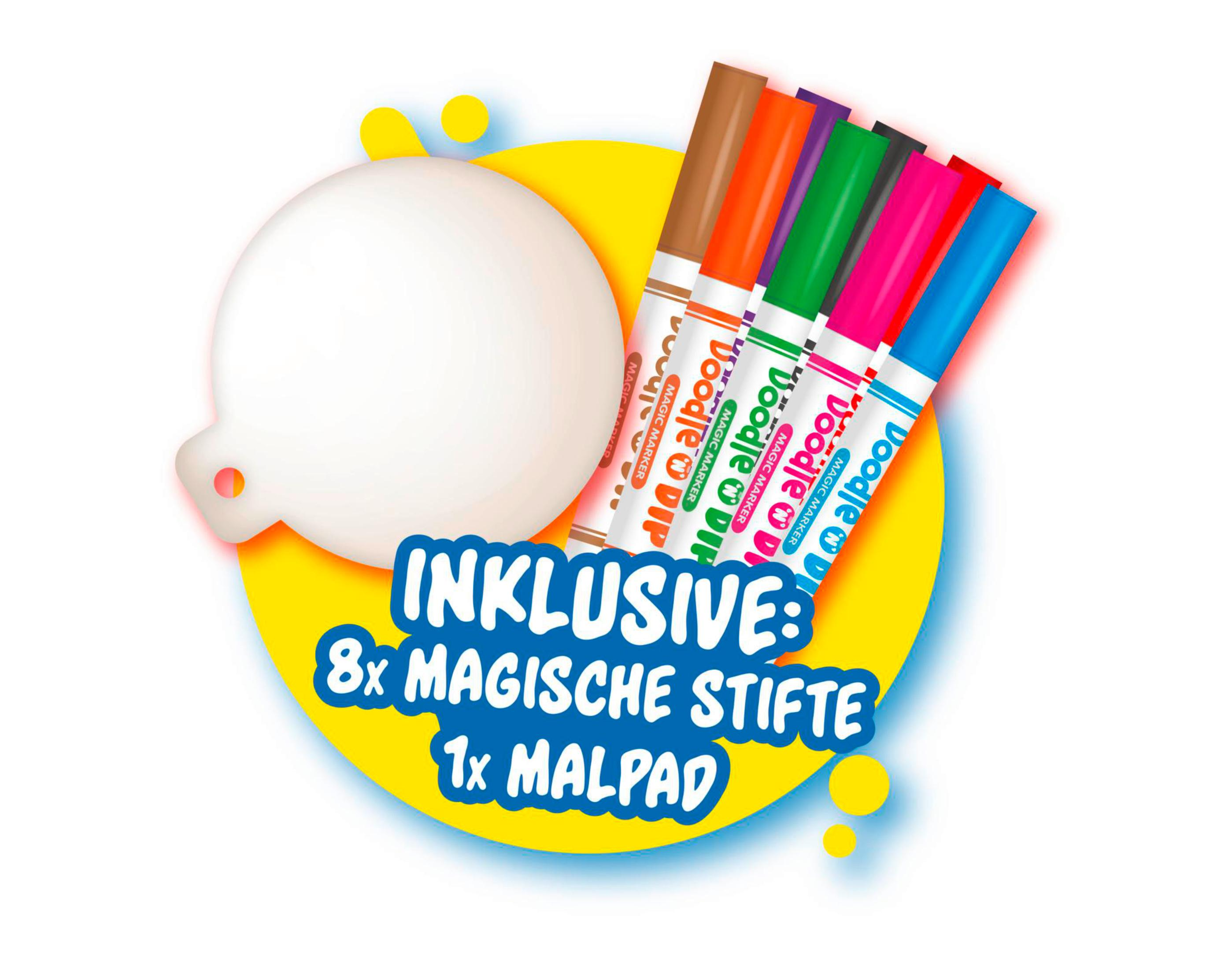 8 bunte Stifte und ein weißes Malpad auf gelbem Hintergrund.