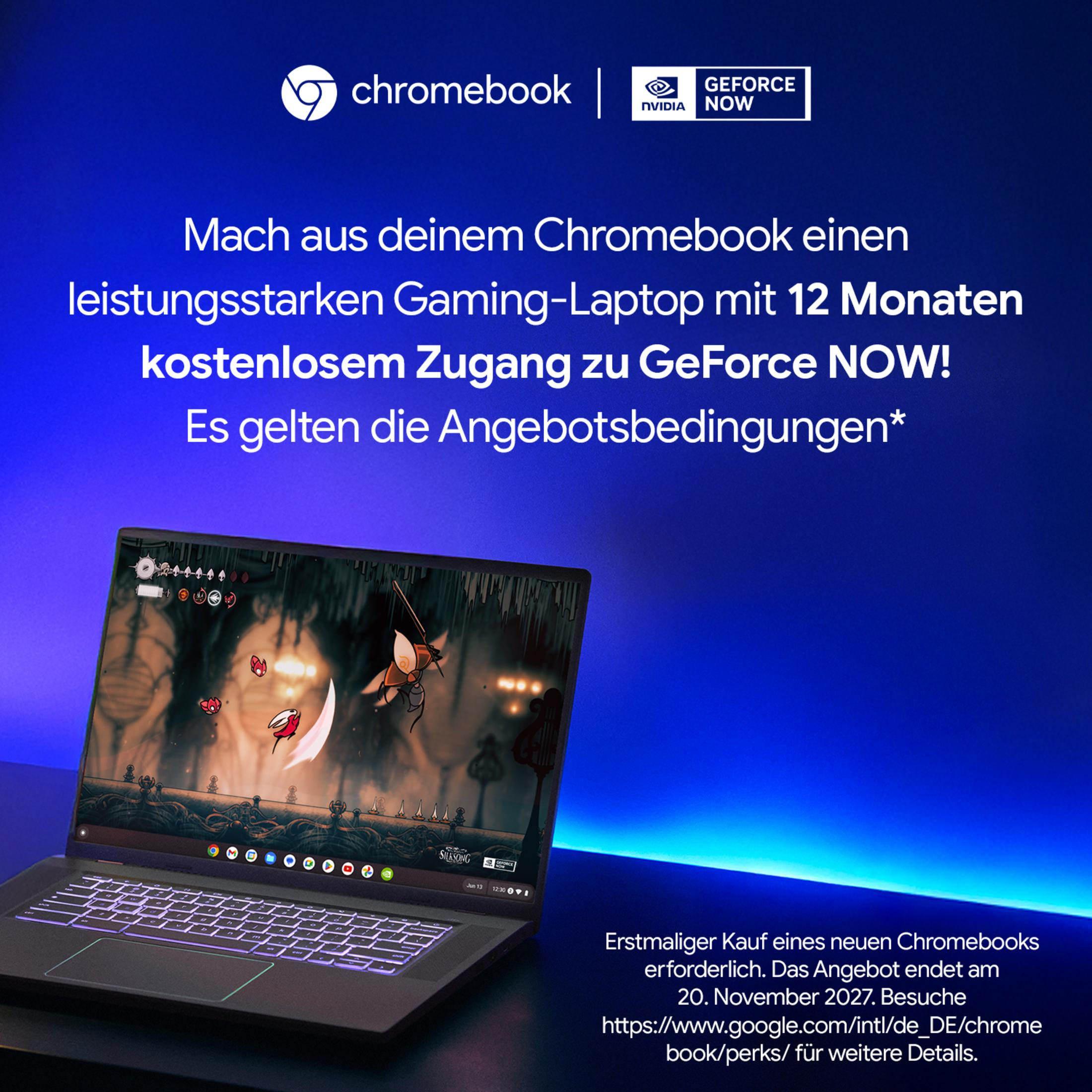 Chromebook mit Gaming-Bildschirm und Tastatur, bewirbt GeForce NOW.
