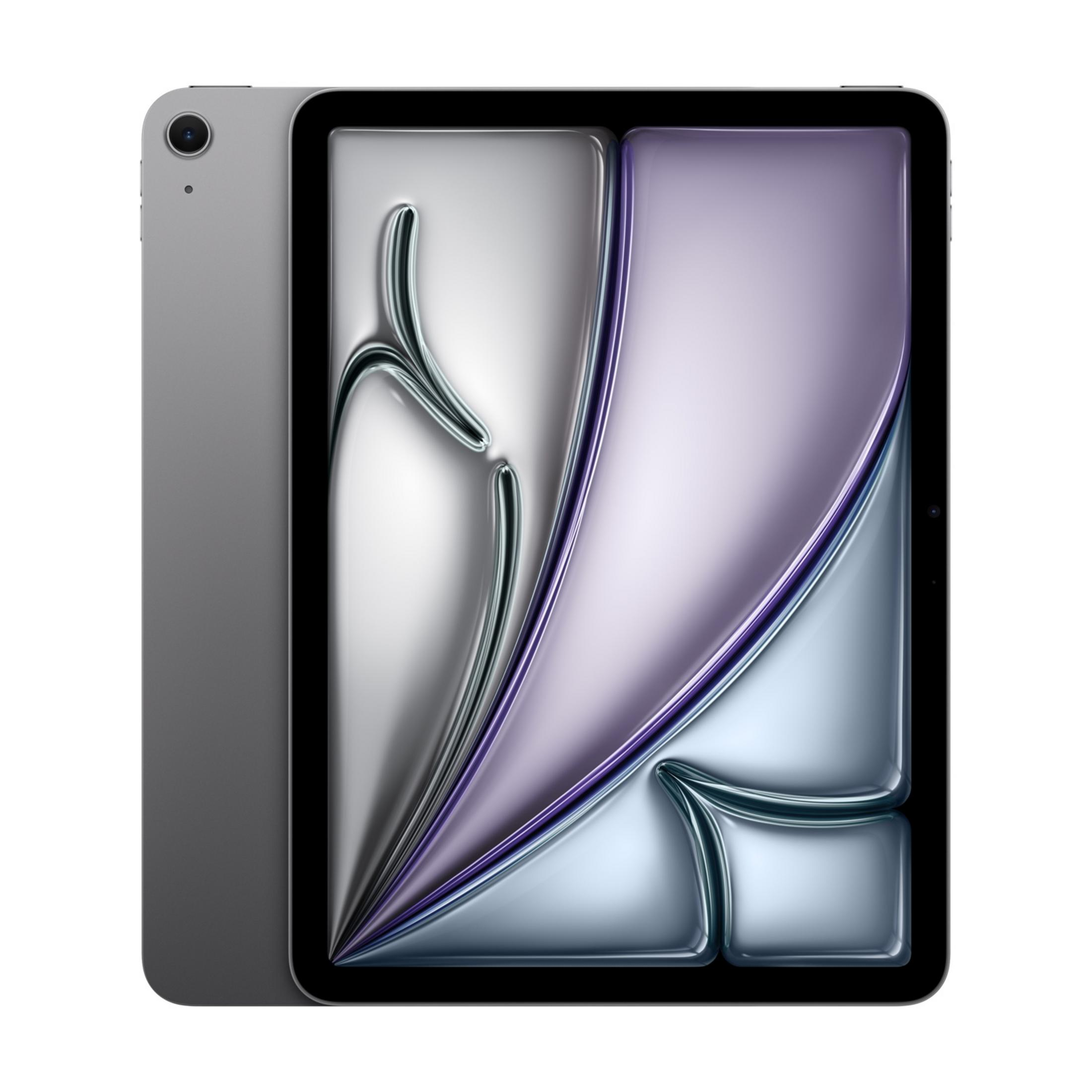 Ein graues Tablet mit einem bunten, abstrakten Hintergrund auf dem Bildschirm.