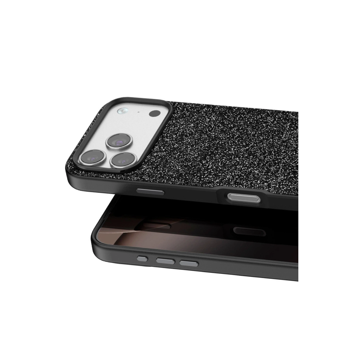 Simli ve kamera kesimli siyah telefon kılıfı.