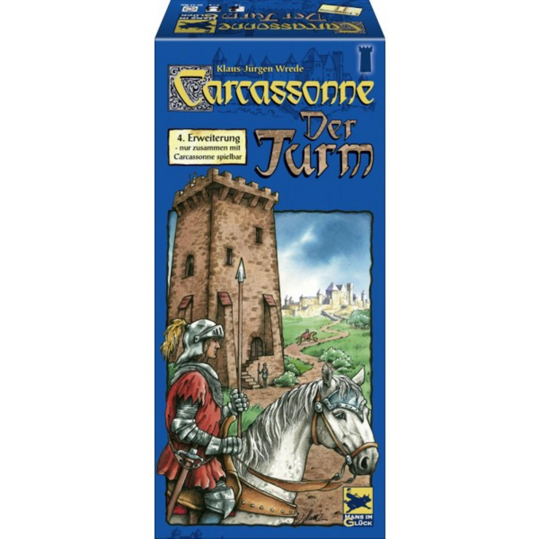 Ein Ritter auf einem Pferd vor einem Turm und einer Burg.
