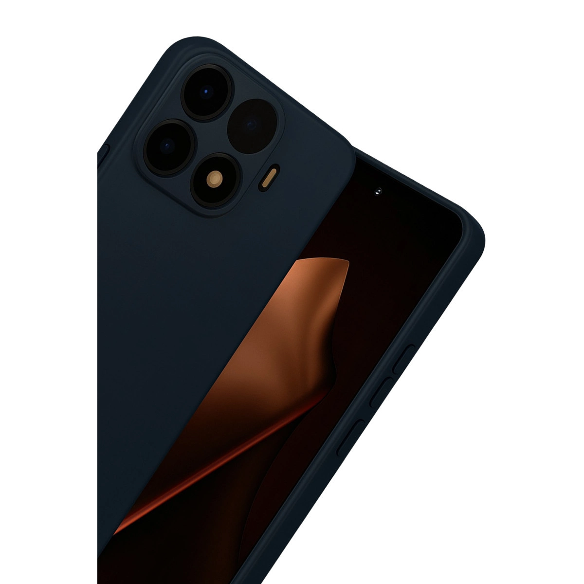 Dört kameralı lacivert telefon ve kahverengi arka plan.