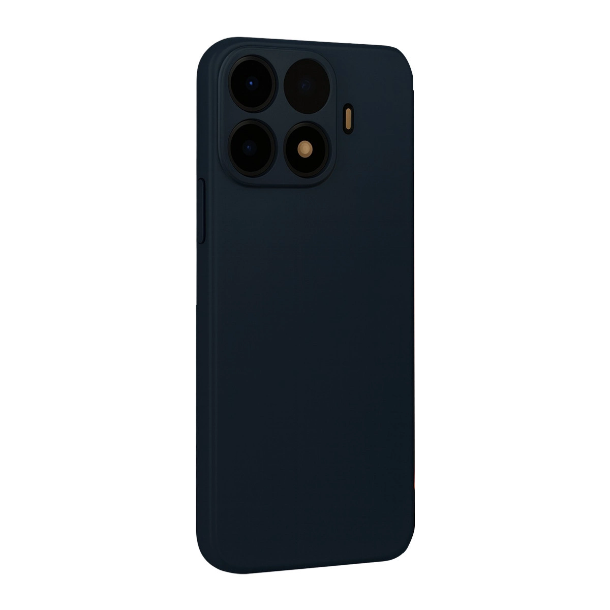 Arkada dört kamera lensi ve flaşı olan lacivert telefon kılıfı.