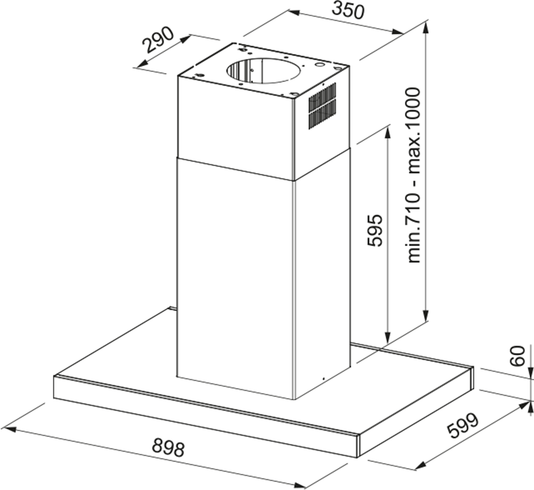 Davlumbazın teknik çizimi boyutlarla: 898x599 taban, 350x290 üst kısım, yükseklik 595-1000mm.