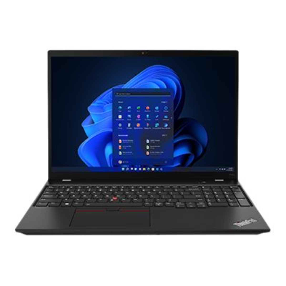 Ein schwarzer Lenovo ThinkPad Laptop ist geöffnet und zeigt ein blaues Windows 11 Startmenü.