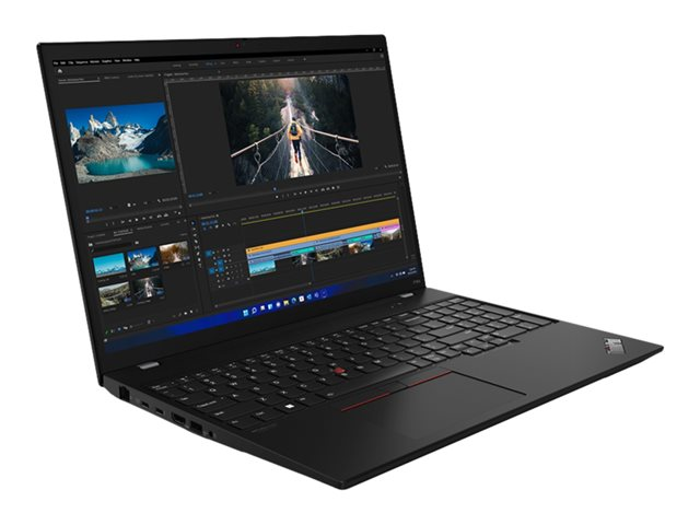 Schwarzer Lenovo Laptop zeigt Videobearbeitungssoftware mit Berg- und Brückenszenen.