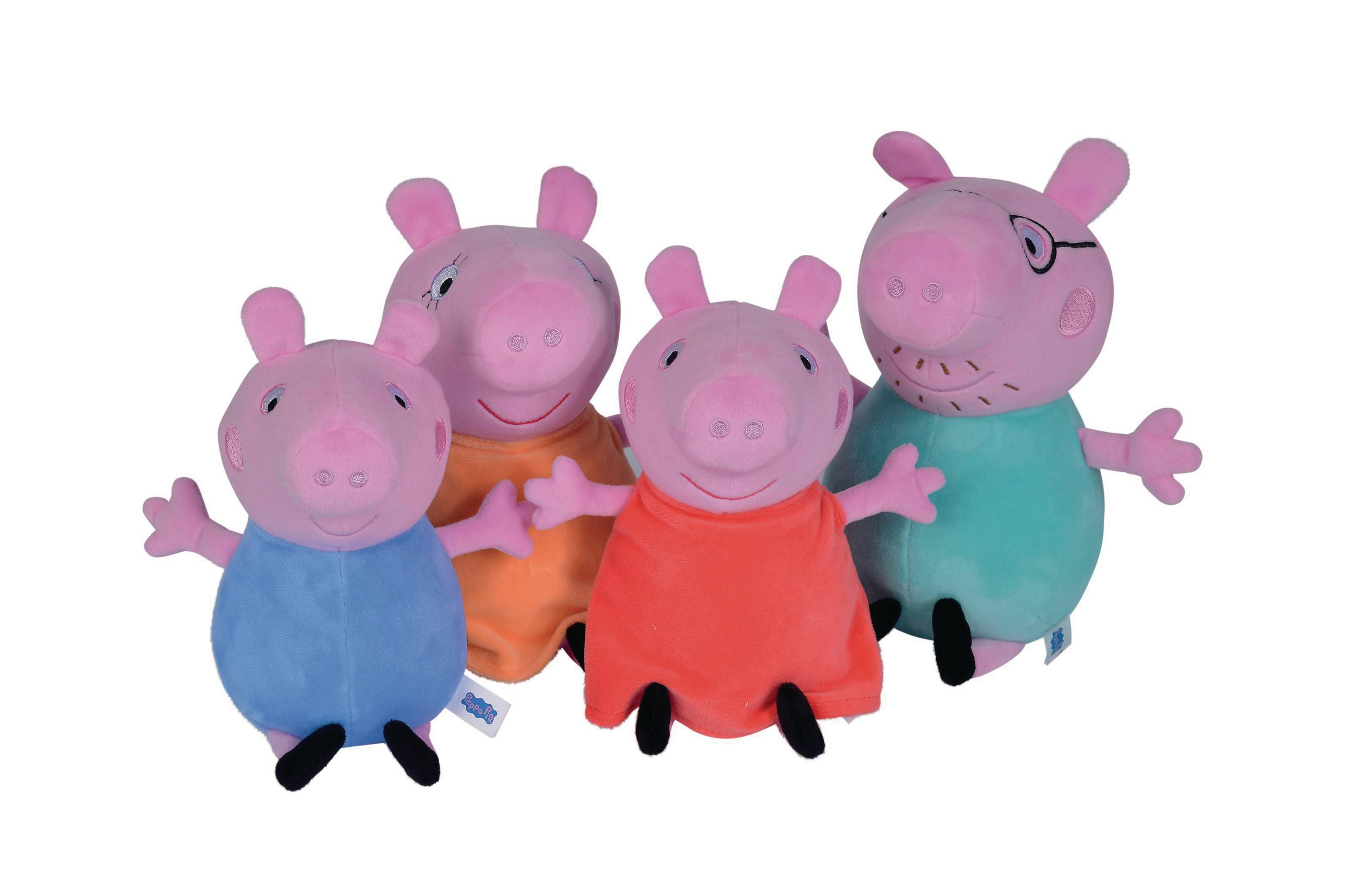 Vier Peppa Wutz Plüschtiere in verschiedenen bunten Kleidern auf weißem Hintergrund.