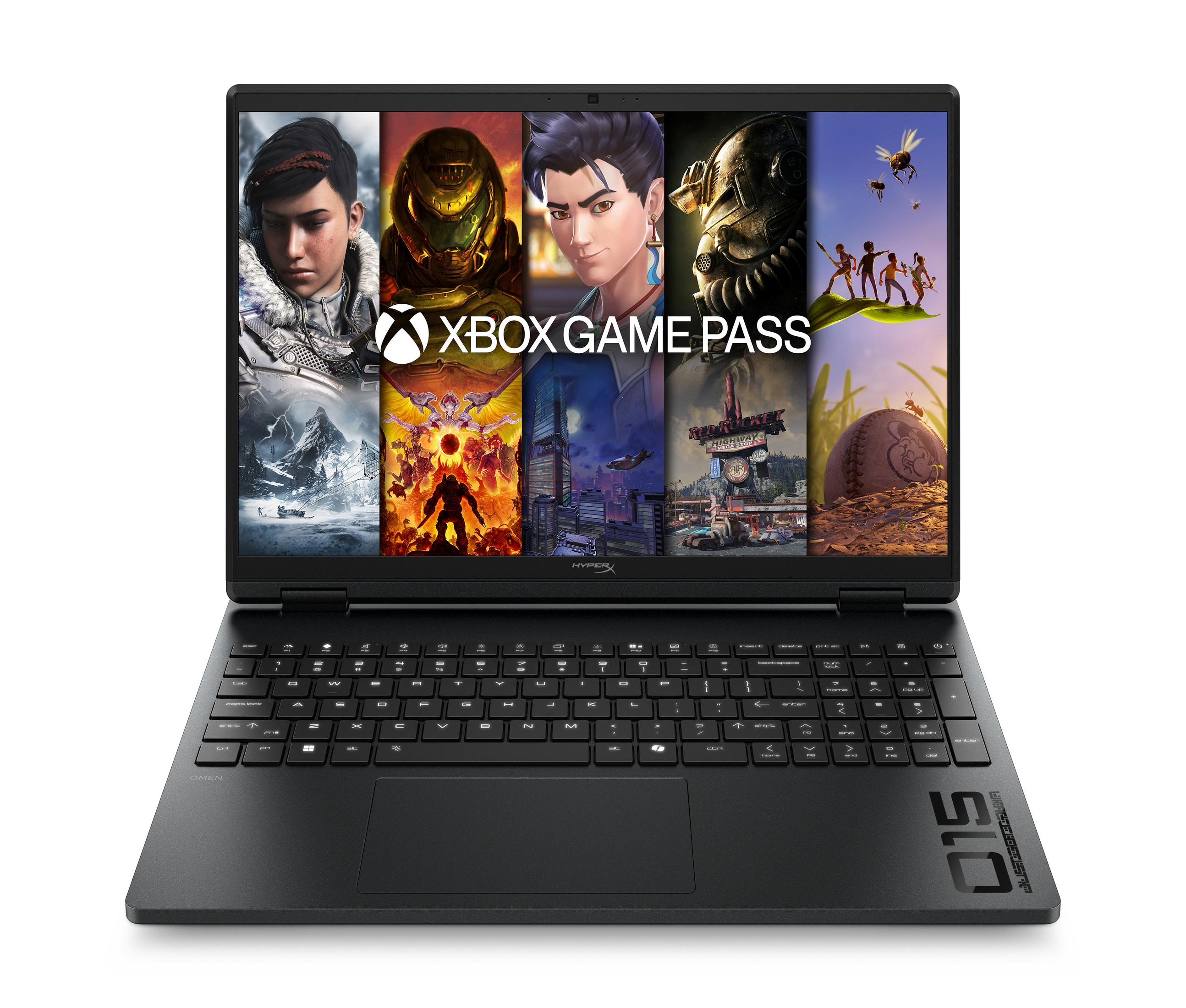Ordinateur portable affichant Xbox Game Pass avec art de jeu. Clavier visible.