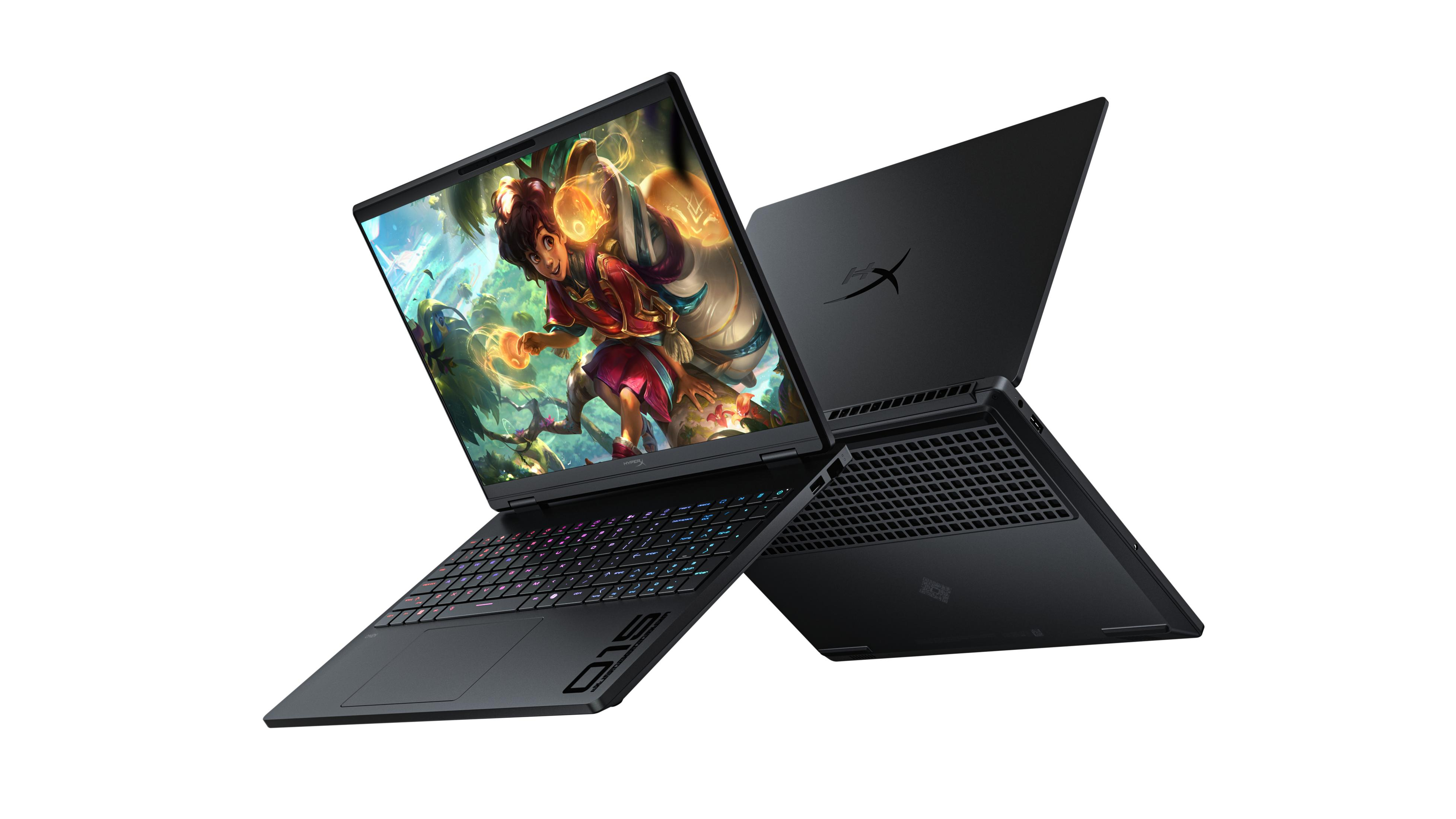 Ordinateur portable gamer noir avec clavier rétroéclairé et art de jeu à l'écran.