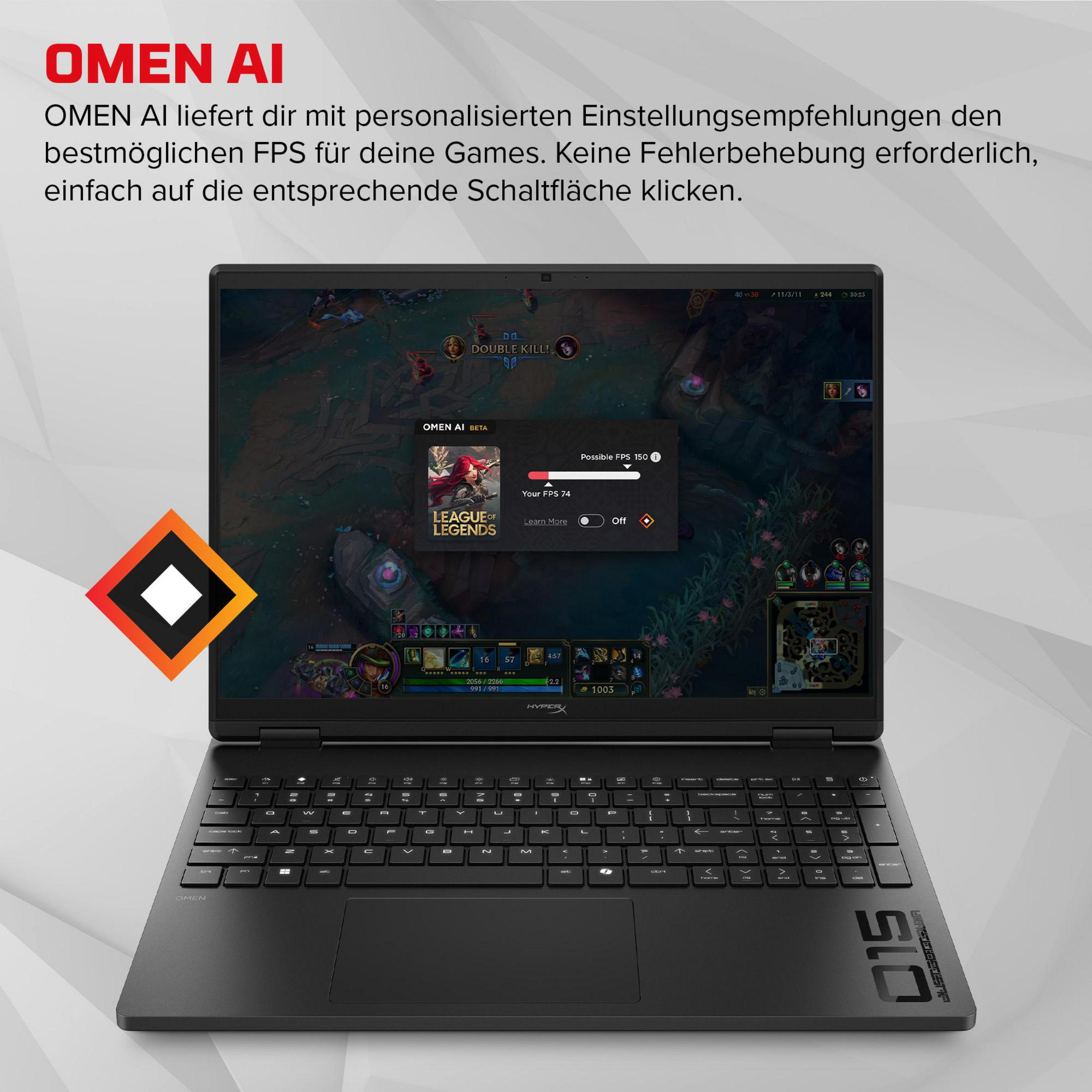 Ordinateur portable affichant "League of Legends" avec superposition OMEN AI. Indicateur FPS visible.