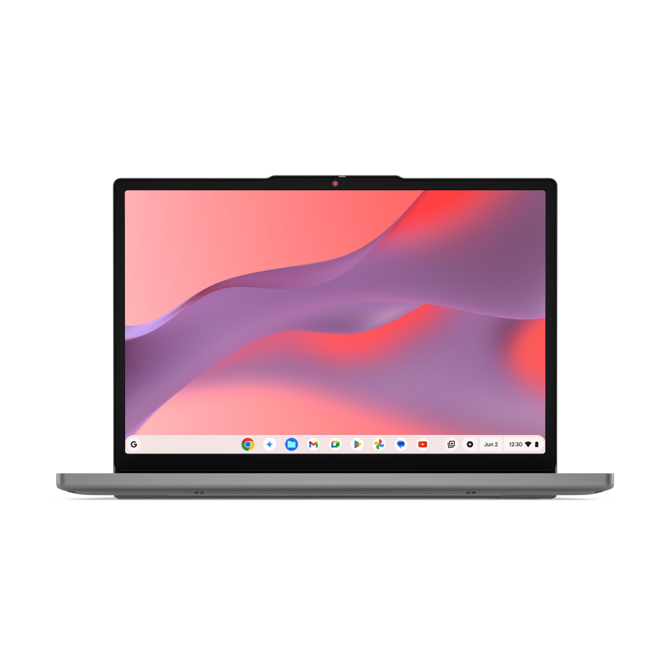 Ein grauer Laptop mit einem rosa und violetten Hintergrundbild.