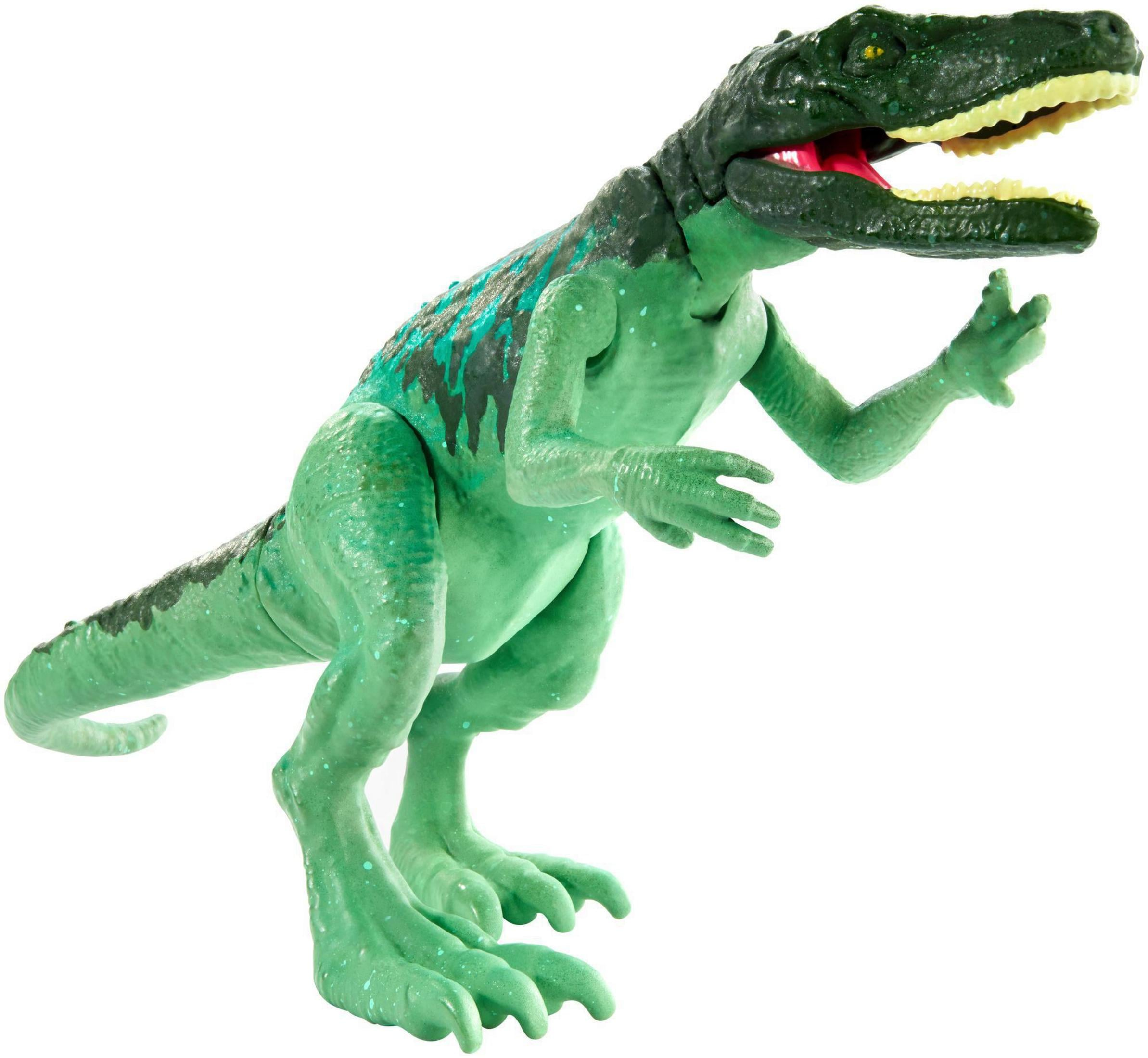 Ein grüner Dinosaurier mit blauen Streifen und gelben Zähnen.