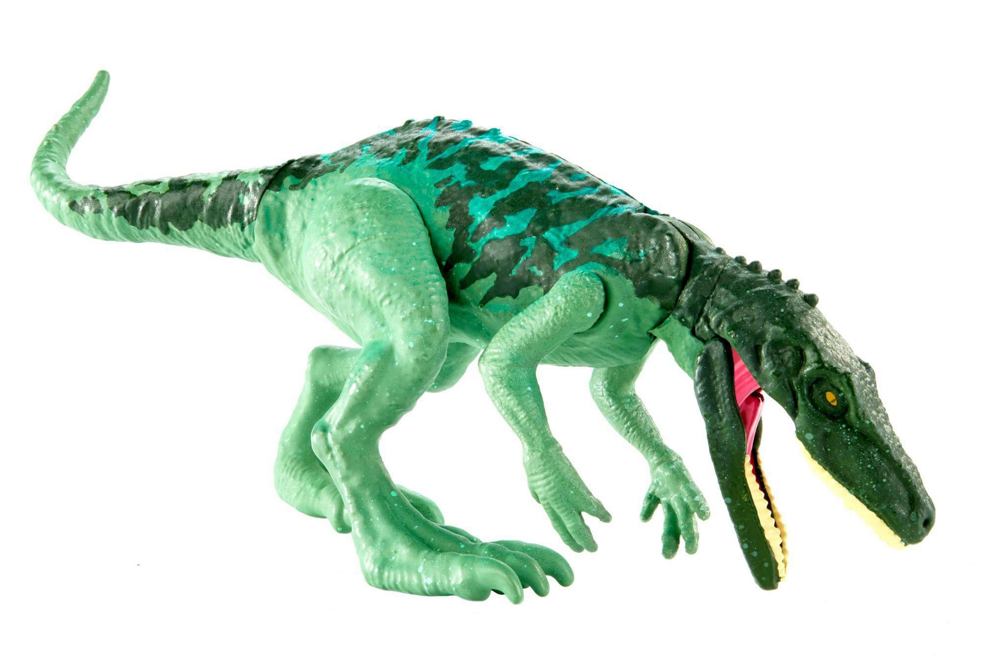 Grüner Dinosaurier Spielzeug mit dunklen Flecken, weit geöffnetem Maul.