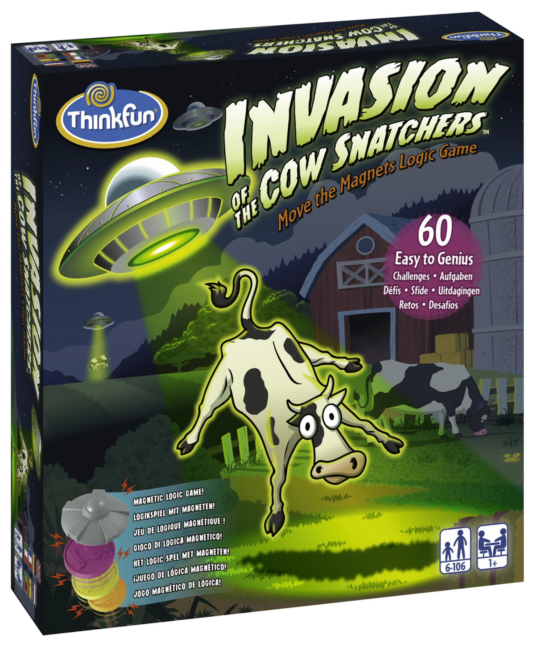 Un OVNI secuestra una vaca de una granja. Otro OVNI flota sobre la escena.