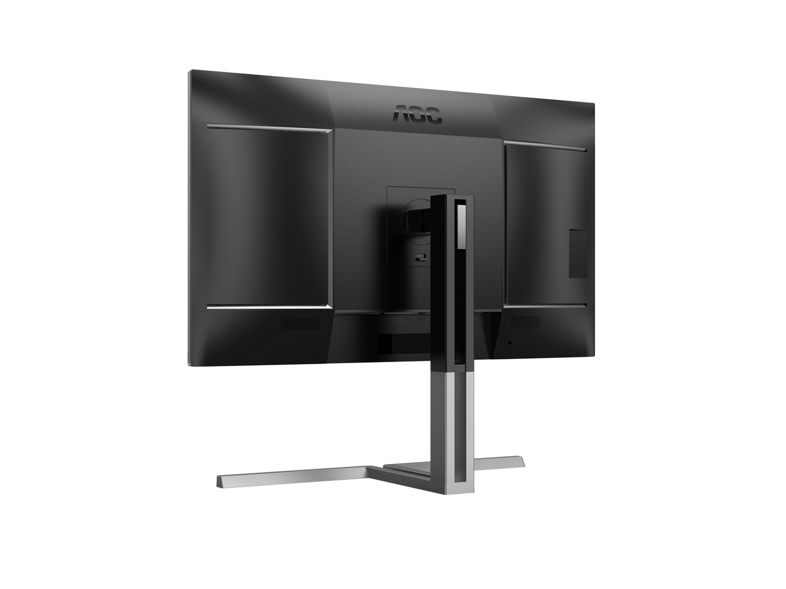 Rückseite eines schwarzen AOC Monitors mit silbernem Standfuß auf weißem Hintergrund.
