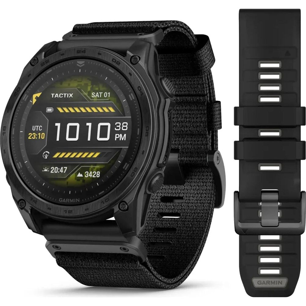 Czarny smartwatch Garmin Tactix z materiałowym paskiem i osobną czarną opaską.