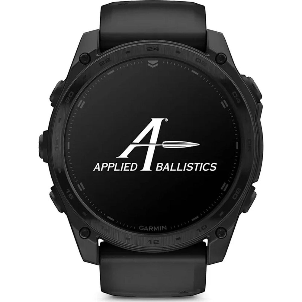 Czarny smartwatch z logo "Applied Ballistics" i napisem Garmin.