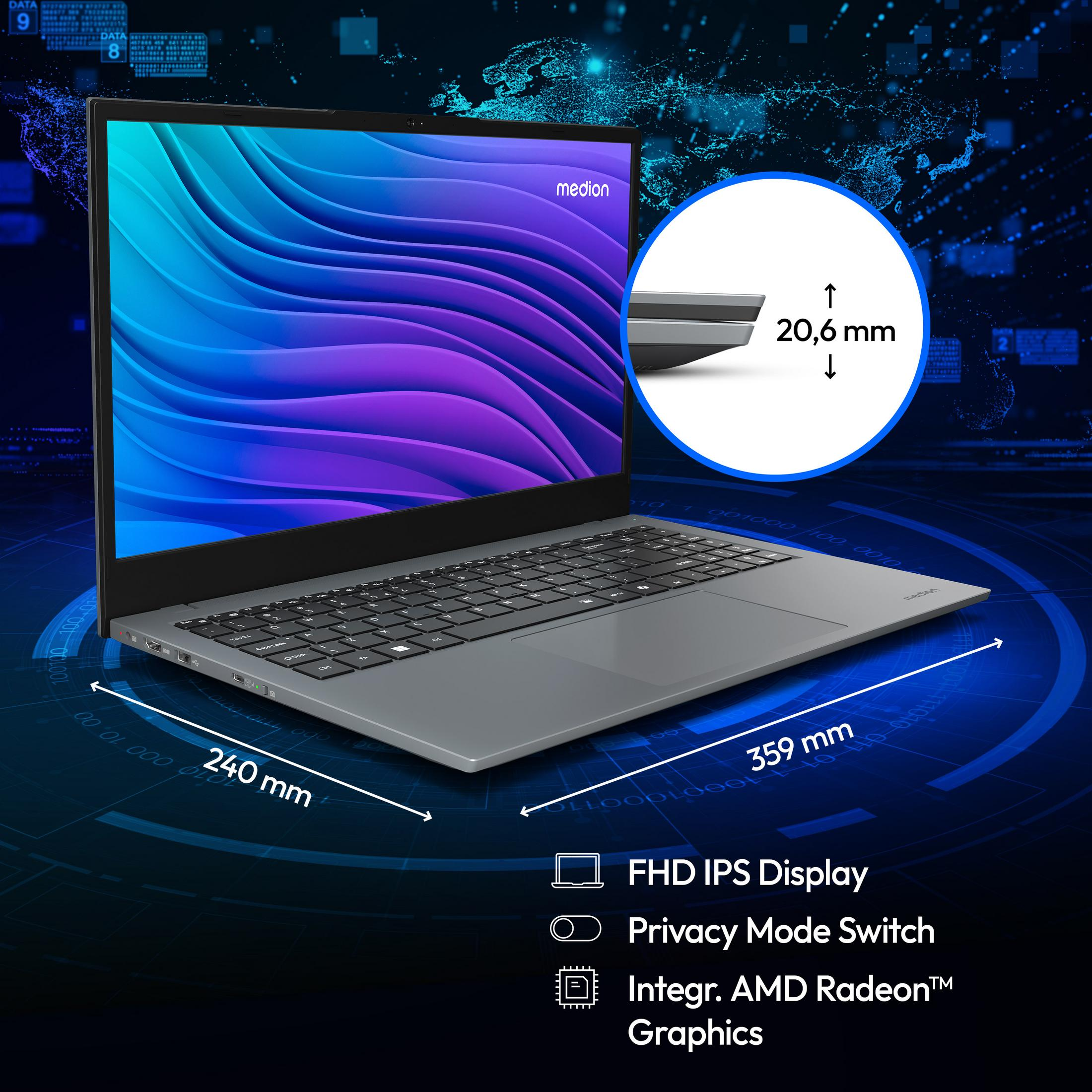 Ein graues Medion Laptop mit blauen und violetten Wellen auf dem Bildschirm.