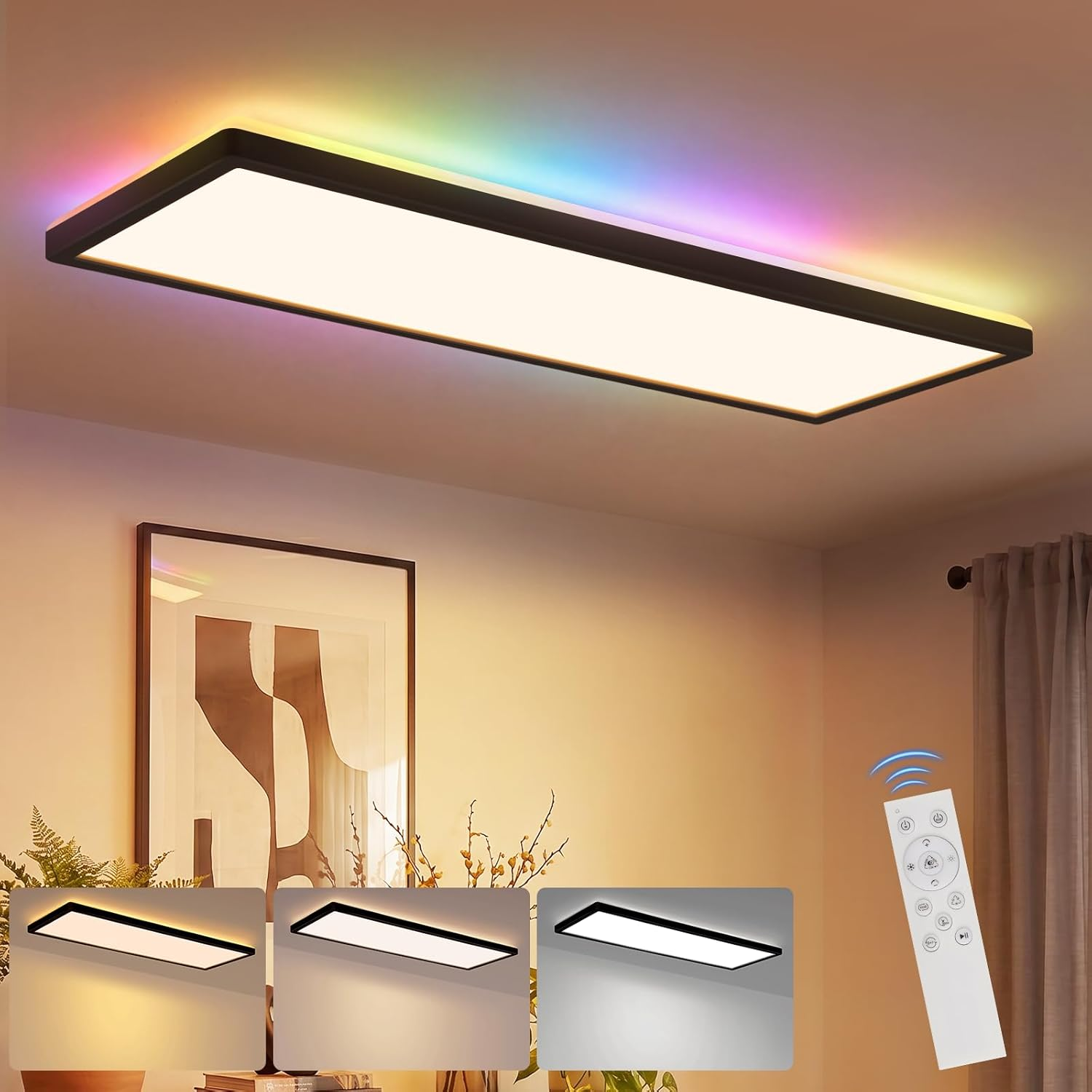 Luz de techo rectangular con iluminación de borde RGB colorida y centro blanco.