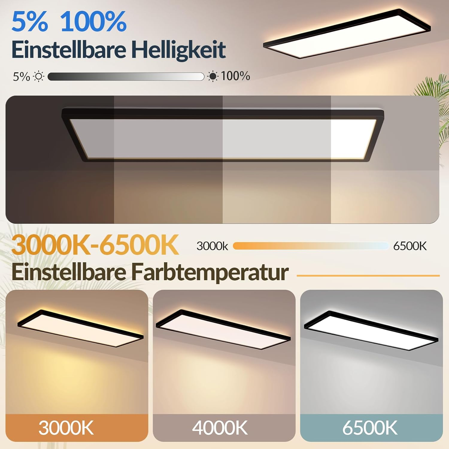 Luz de techo con brillo y temperatura de color ajustables de 3000K a 6500K.