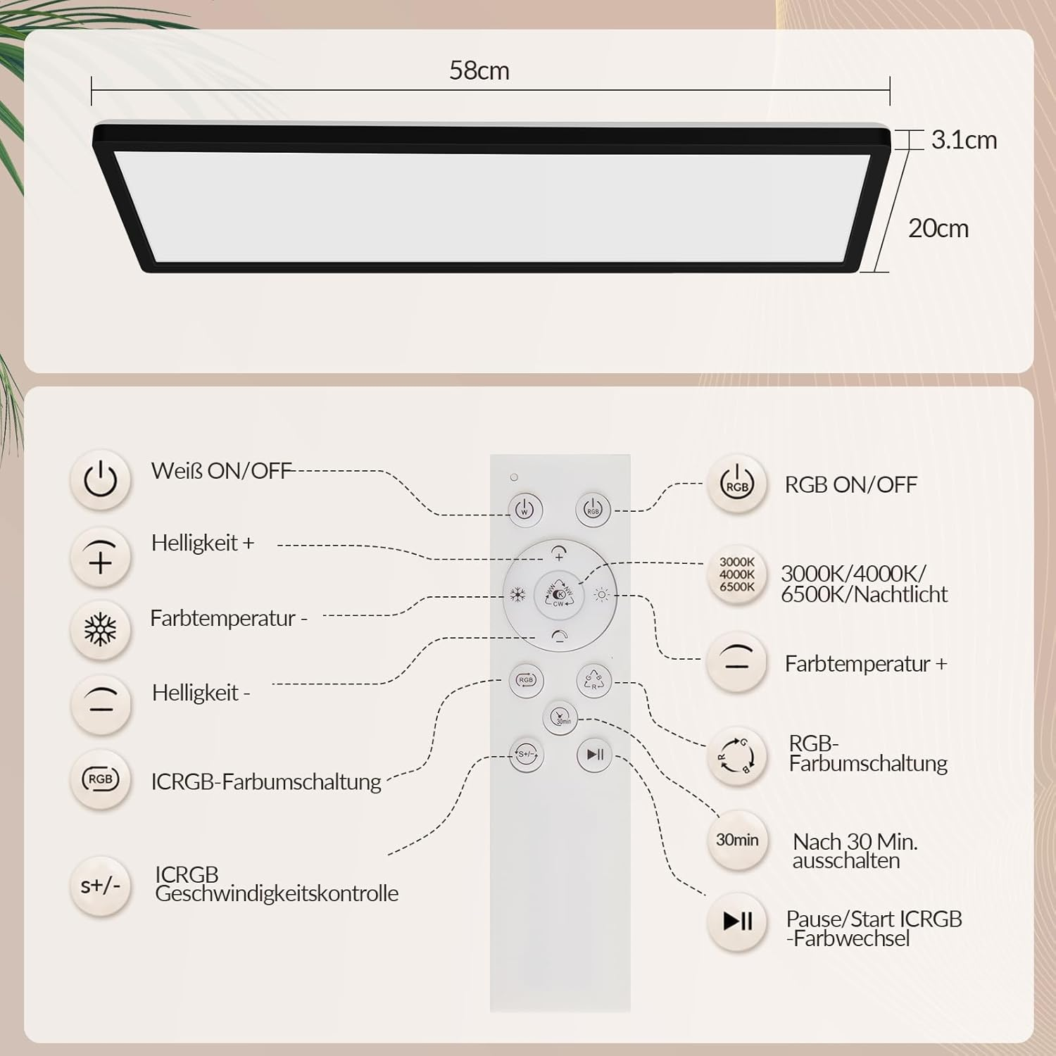 Un control remoto con funciones de luz blanca y RGB, brillo y temperatura de color.