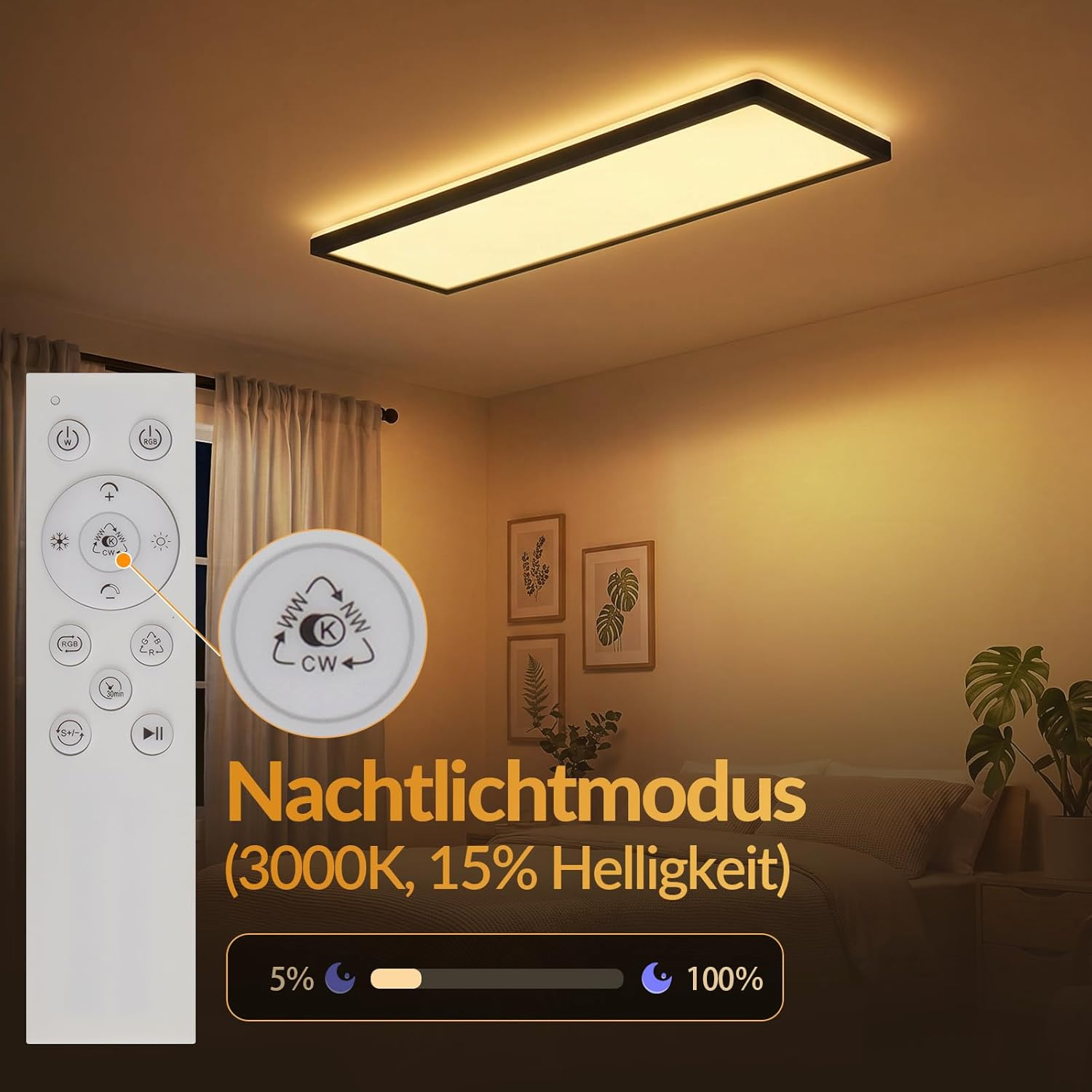 Un mando a distancia muestra el modo de luz nocturna (3000K, 15% de brillo) para una lámpara de techo.