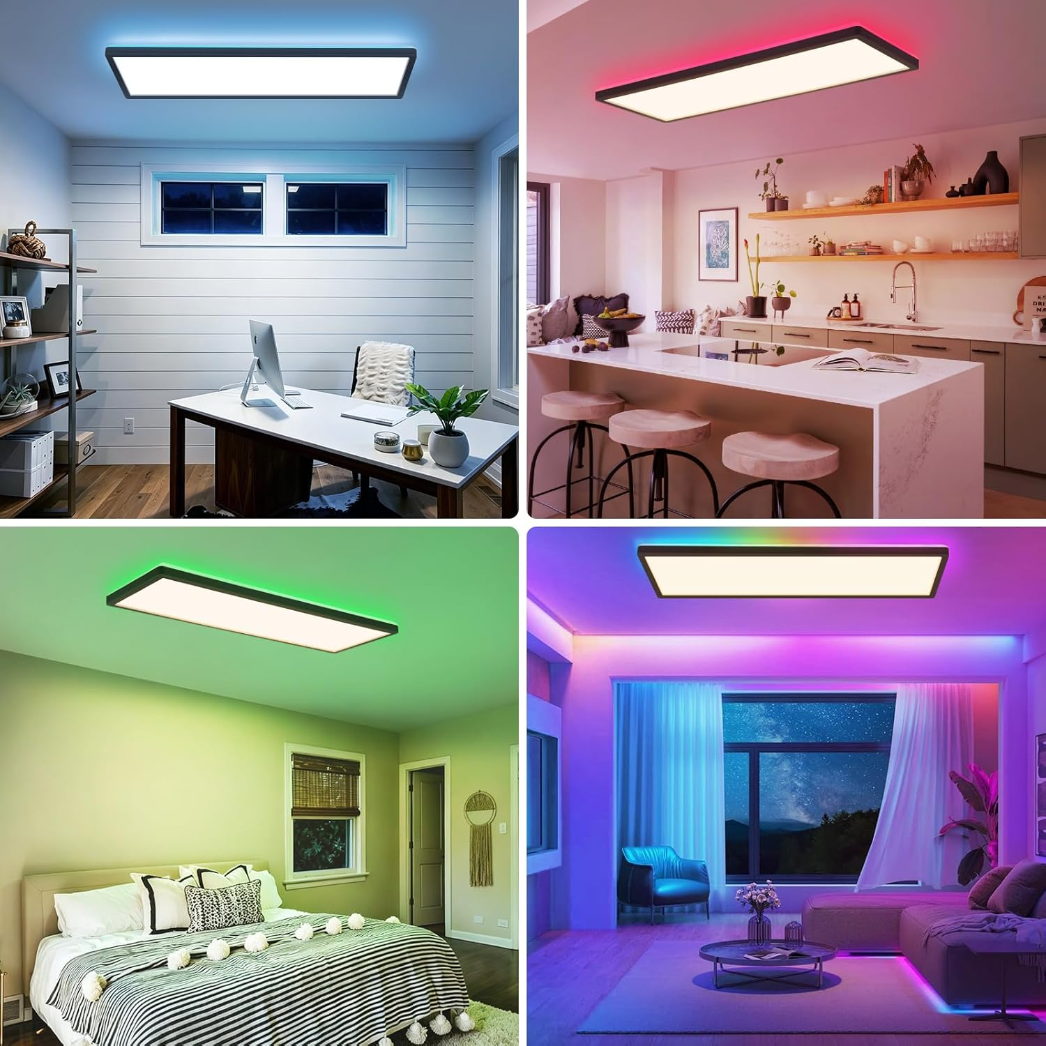 Cuatro habitaciones con luces de techo: oficina con luz azul, cocina con roja, dormitorio con verde, sala con púrpura.