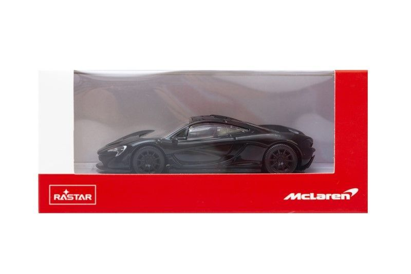 Czarny model samochodu McLaren P1 w czerwonym pudełku Rastar.