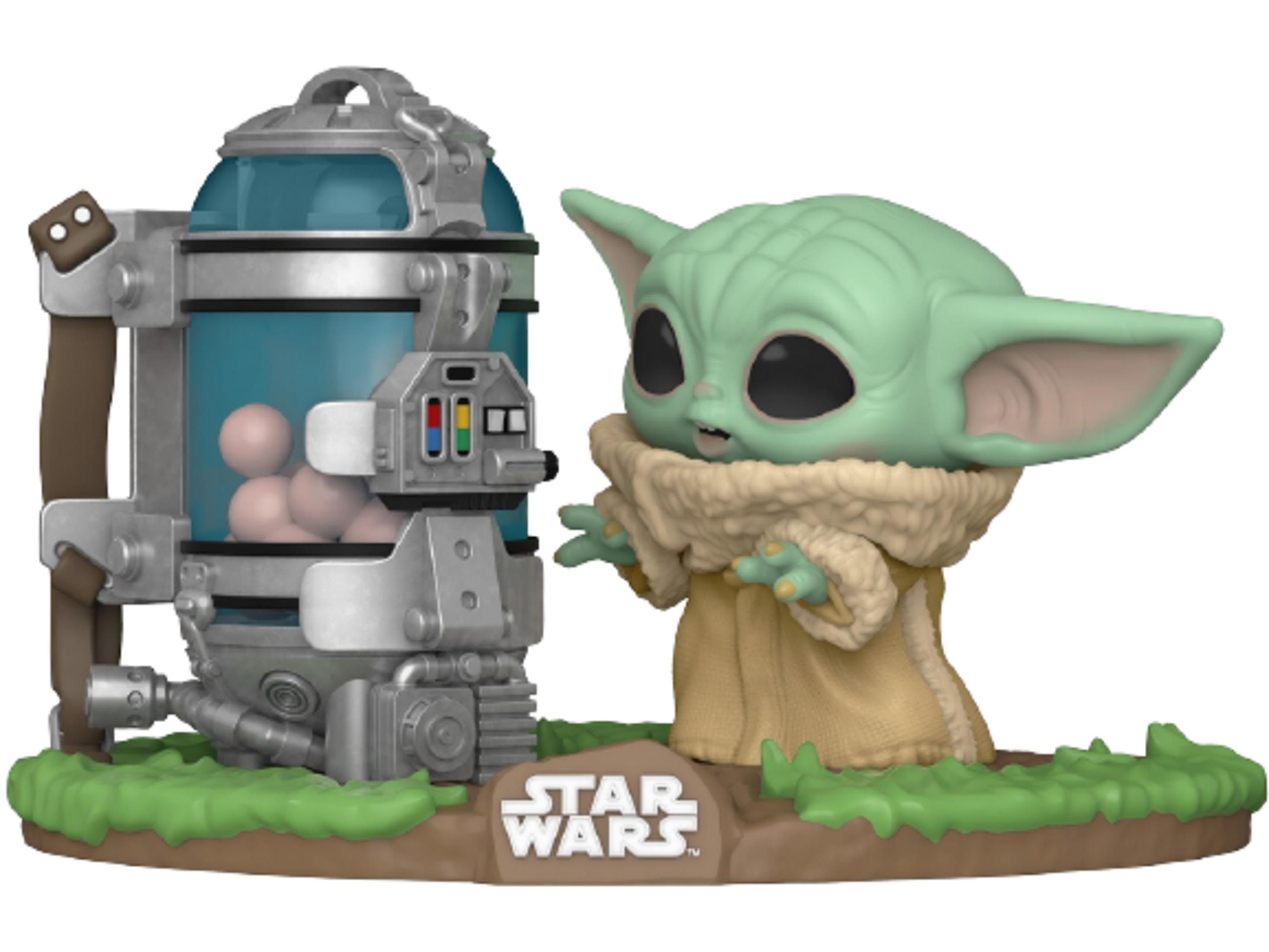 Baby Yoda steht neben einer blauen Kapsel mit rosafarbenen Kugeln. Star Wars Logo.