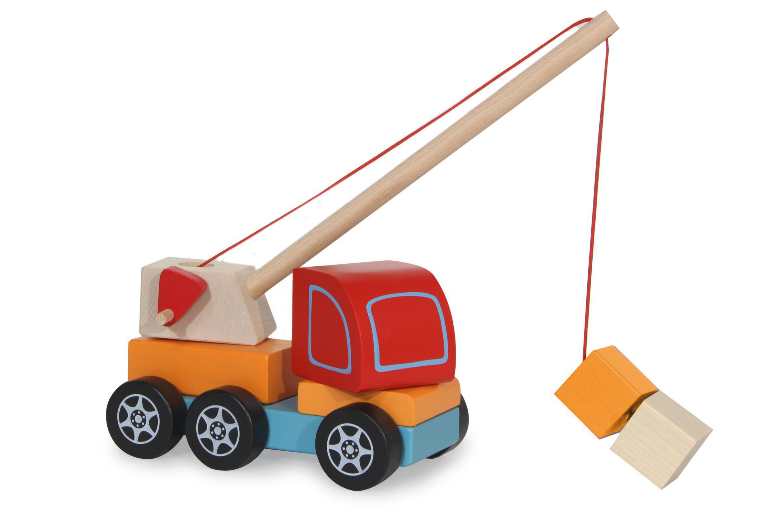 Ein Spielzeugkran aus Holz mit roten und blauen Akzenten und drei orangefarbenen Blöcken.