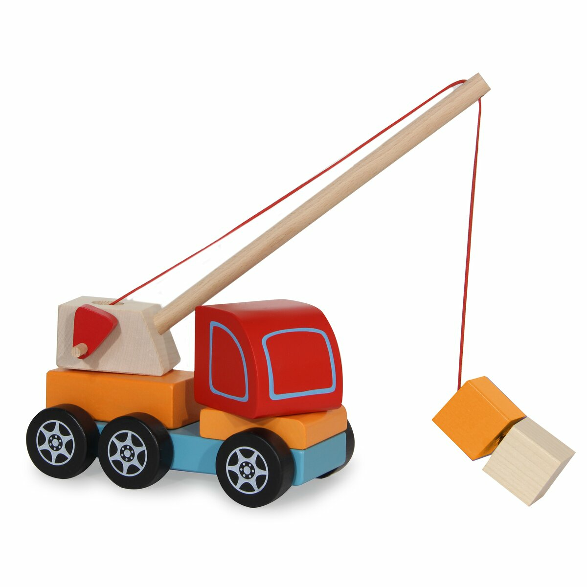 Ein bunter Holzspielzeugkran mit zwei Holzklötzen, die an einem roten Seil hängen.