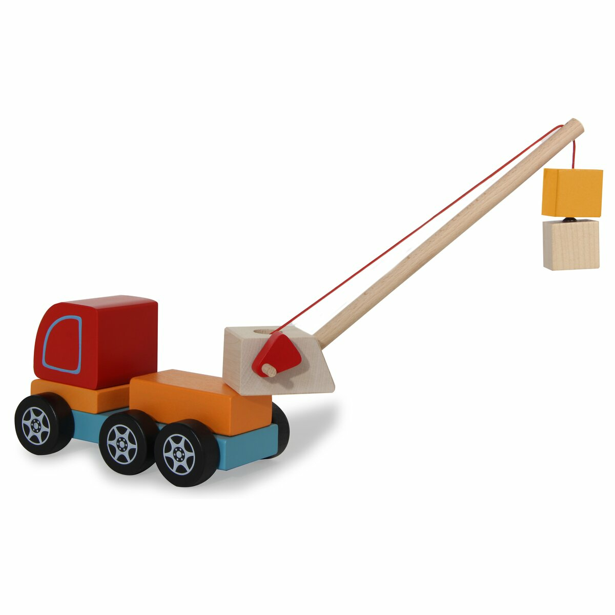 Ein hölzerner Kranwagen mit roten, orangen und blauen Blöcken und Holzblöcken.