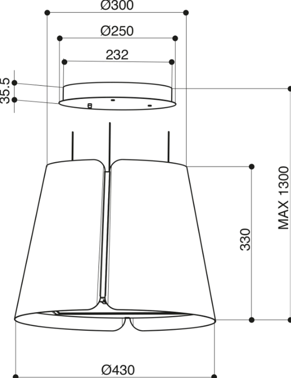 Boyutlu bir sarkıt lambanın teknik çizimi. Çap 430mm, yükseklik 330mm.