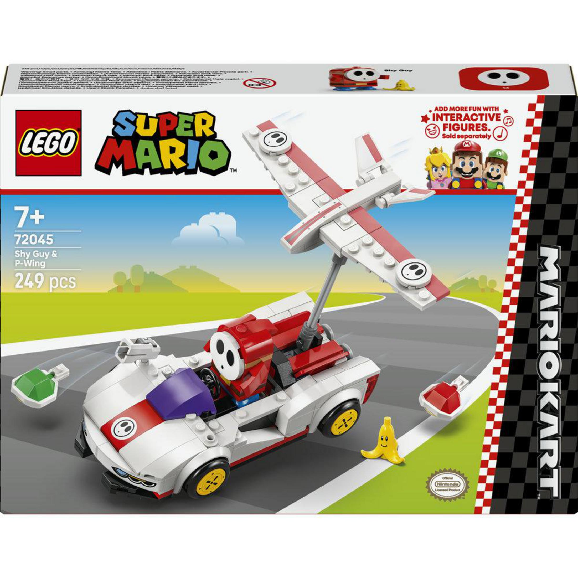 LEGO Super Mario Shy Guy & P-Wing Kart mit Flugzeug, Banane und interaktiven Figuren.