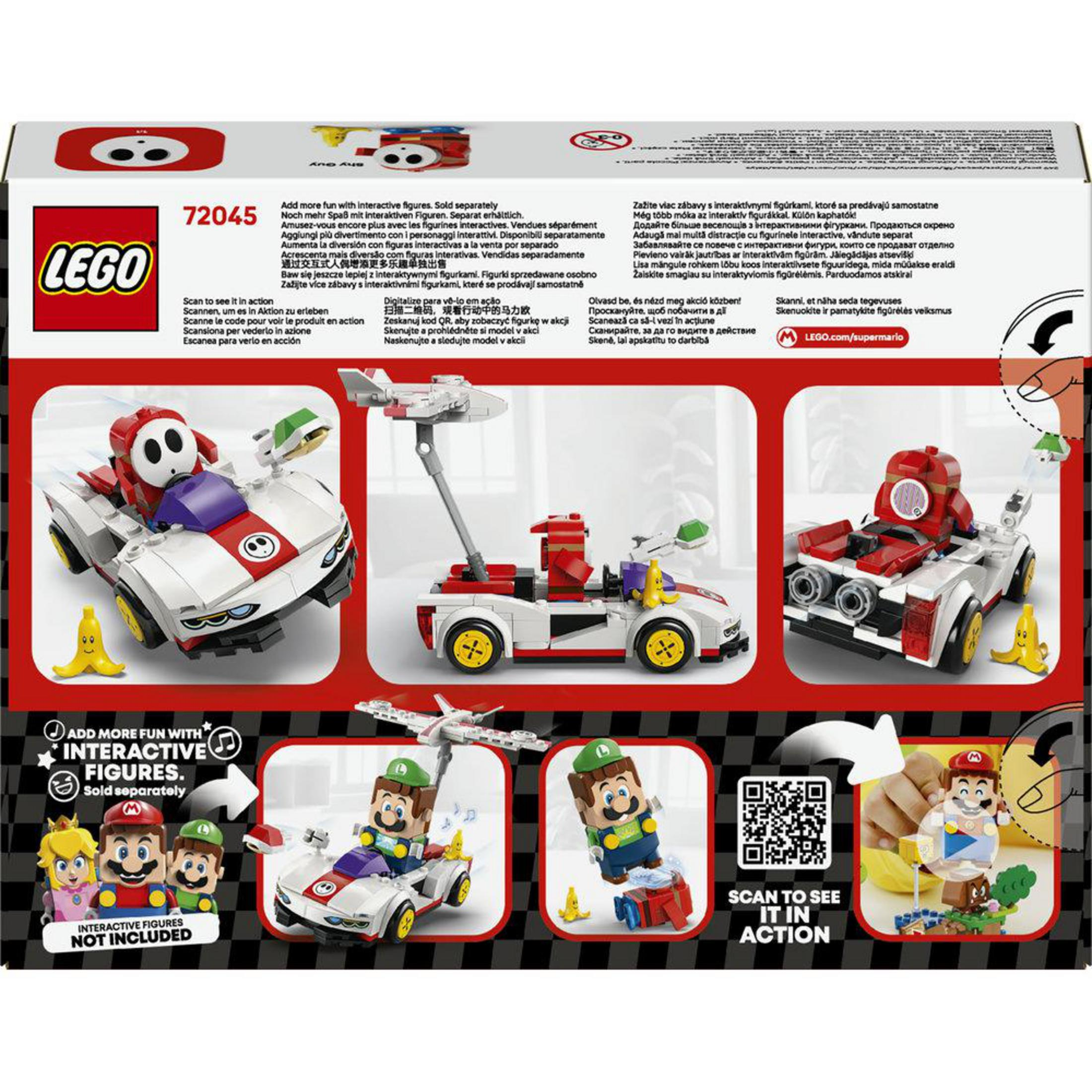 LEGO-Box mit Mario-Figuren und Fahrzeugen. Enthält Shy Guy im Go-Kart.