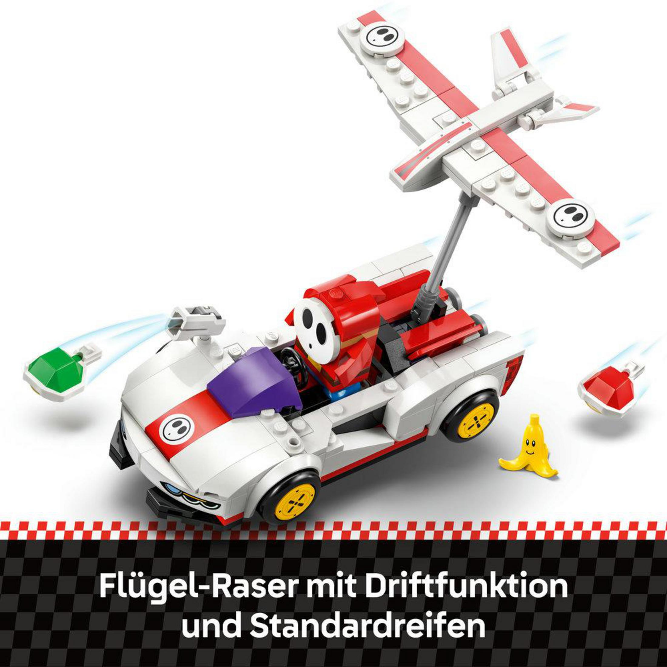 Ein LEGO Shy Guy Rennwagen mit Flügeln und zwei Items.