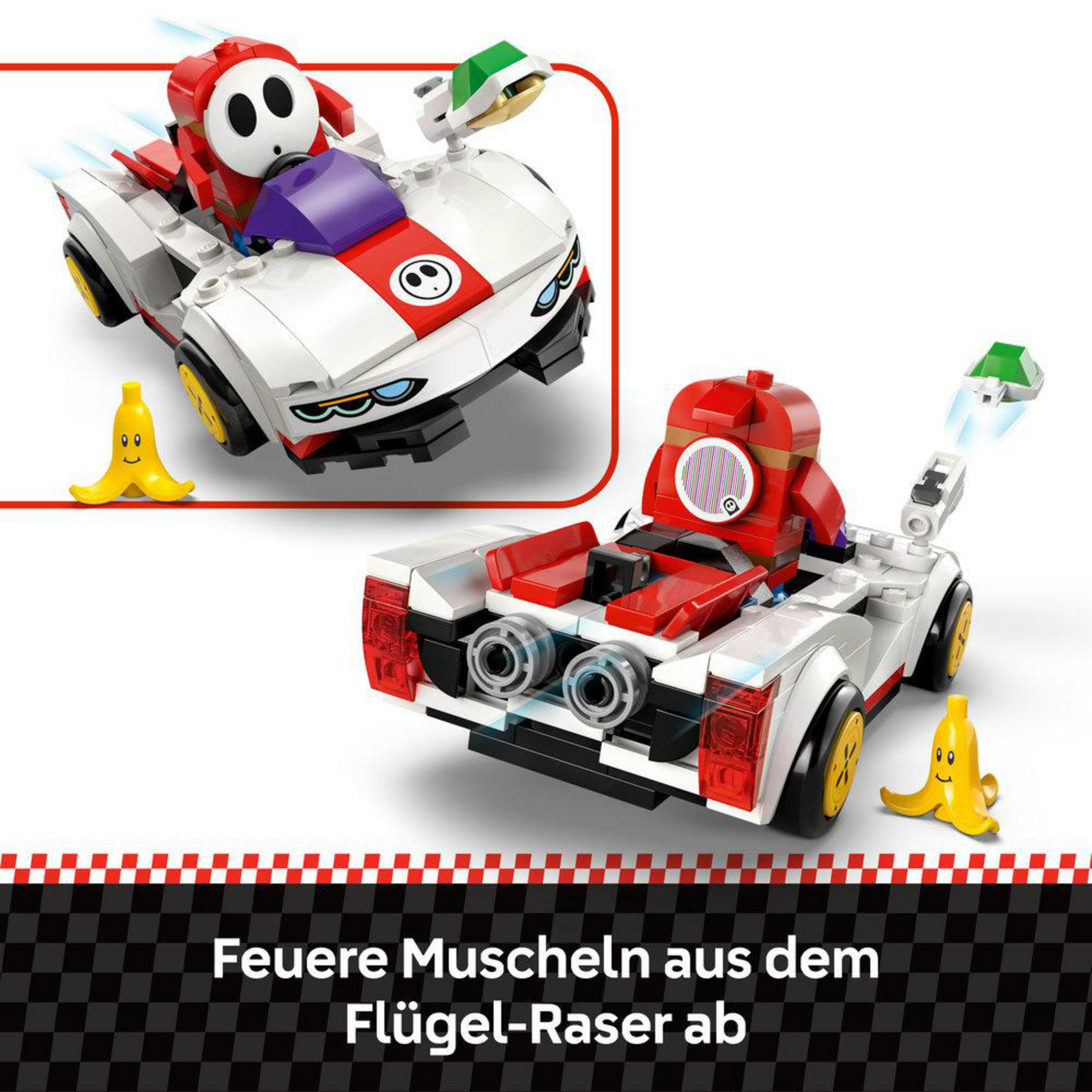Ein Shy Guy-Charakter in einem weißen Go-Kart mit roten und violetten Akzenten.