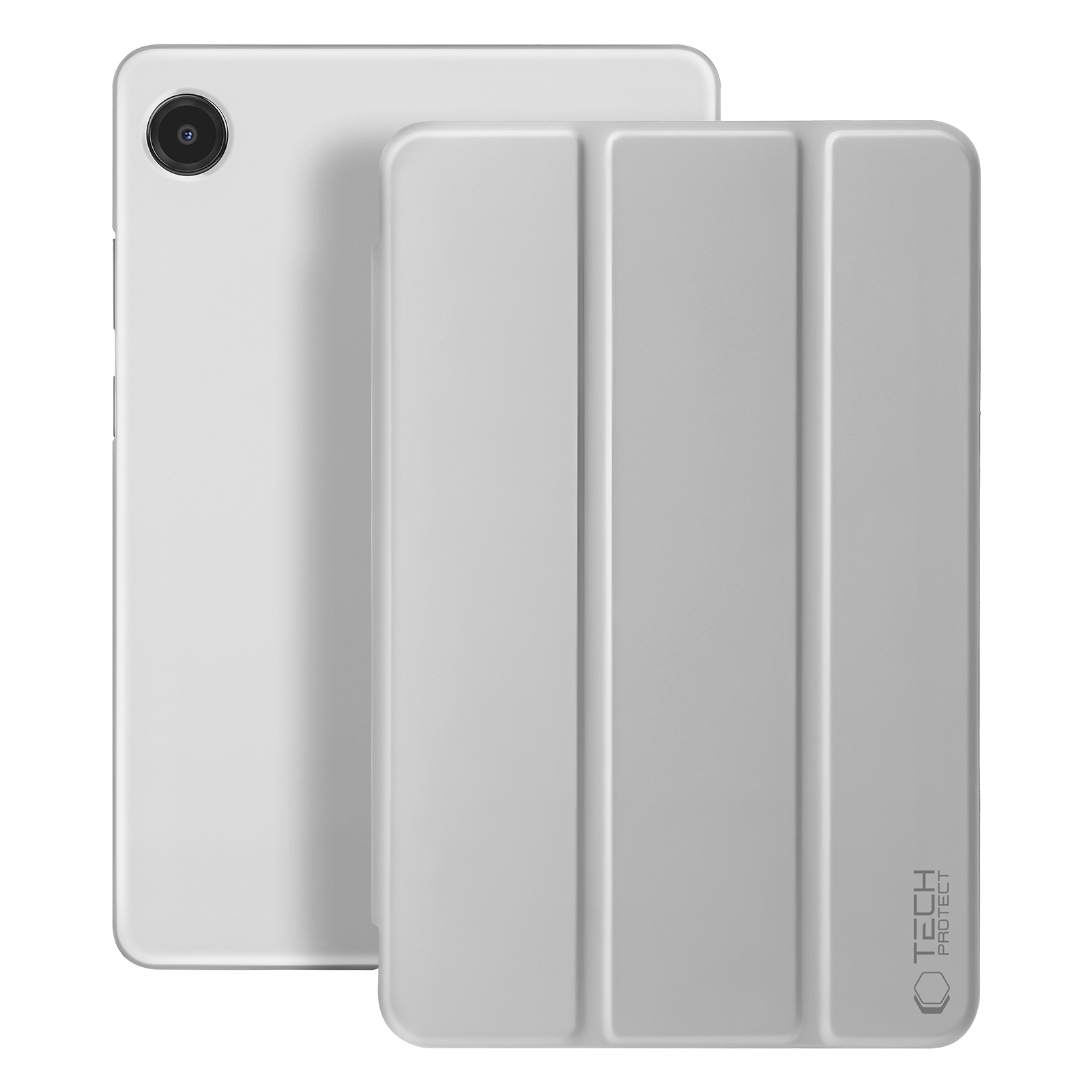 Un tablet bianco e la sua cover protettiva. Il retro mostra la fotocamera.