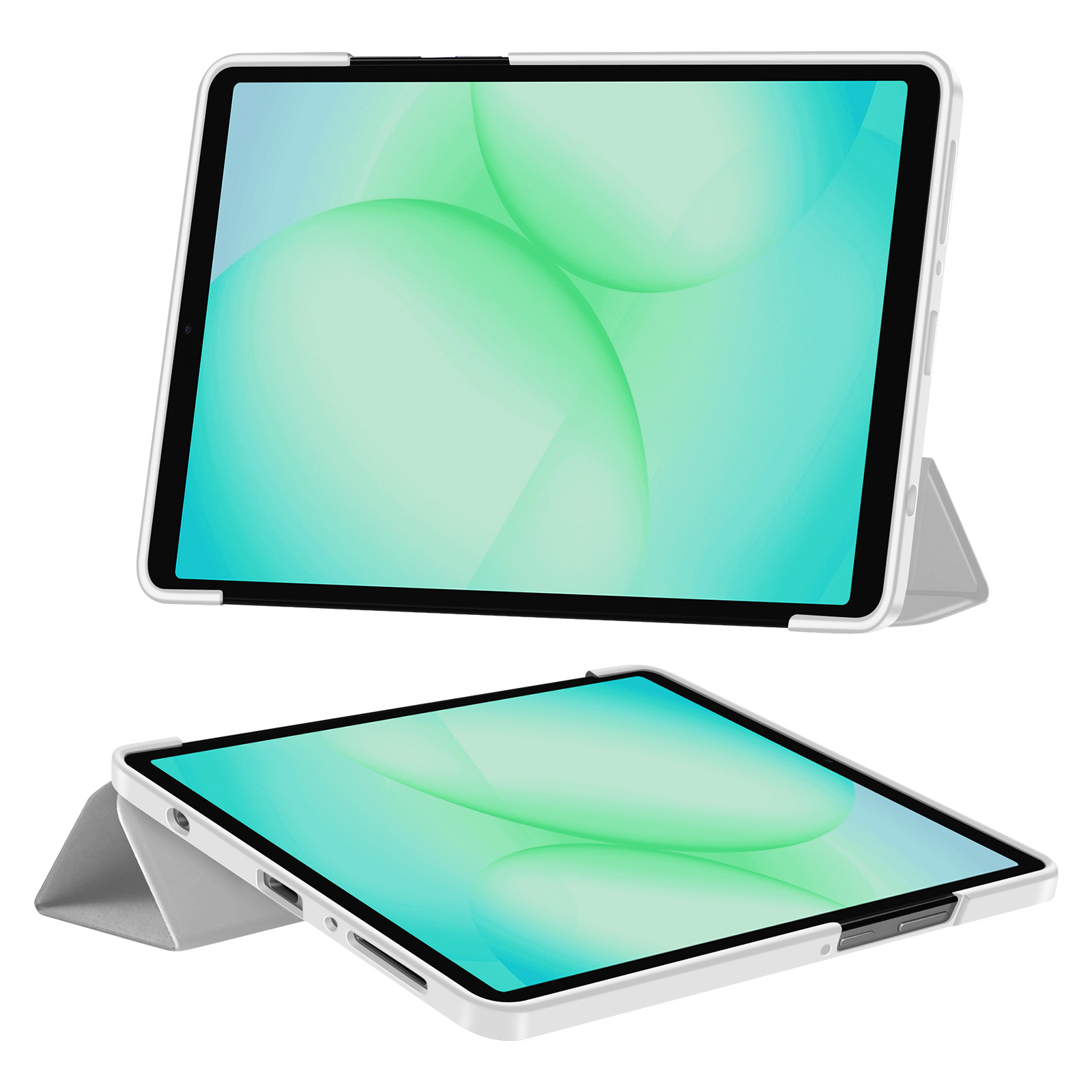 Un tablet bianco in custodia protettiva con supporto, viste frontale e posteriore.