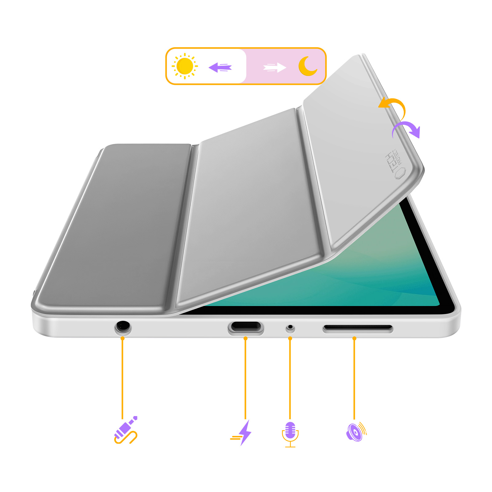 Custodia argento per tablet con icone giorno/notte. Porte etichettate: cuffie, USB-C, microfono, altoparlante.