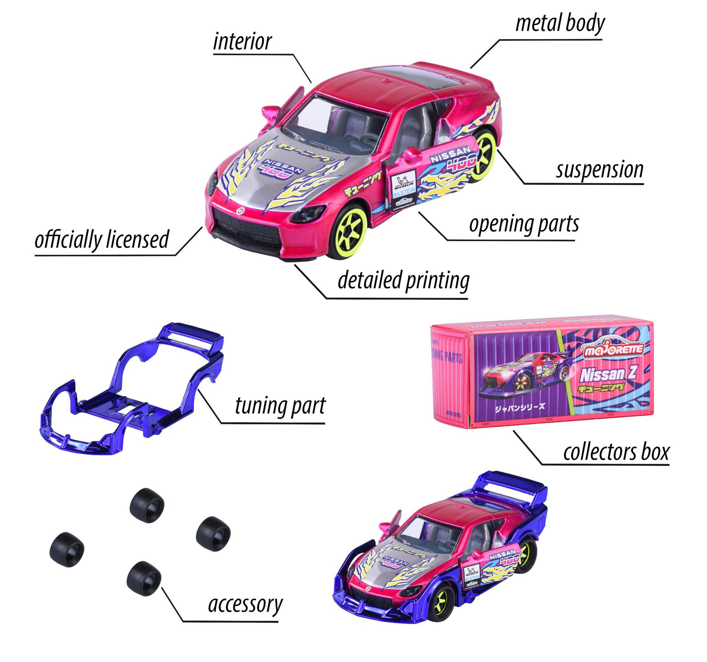 Modellauto-Set: Roter Nissan Z mit Tuning-Details, Ersatzteilen und Box.