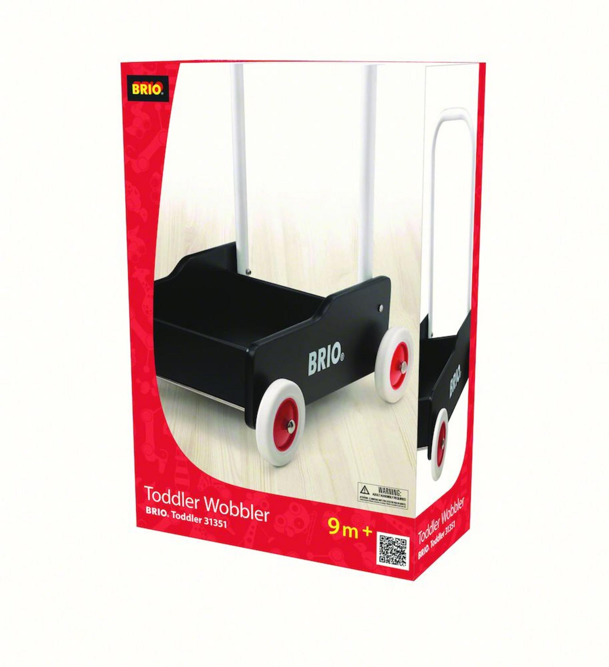 BRIO Toddler Wobbler mit weißem Griff und Rädern, schwarzer Kasten.