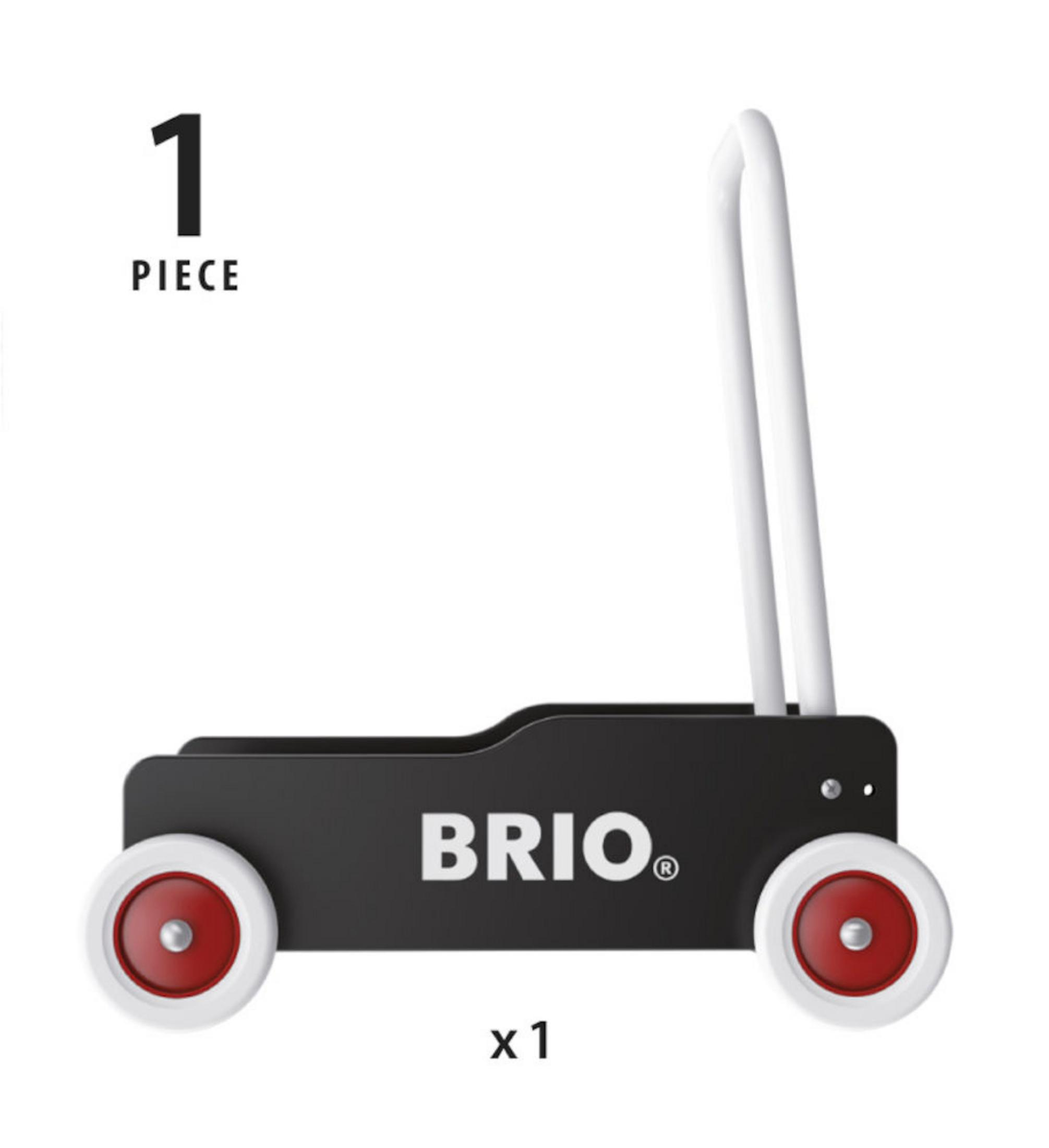 Ein schwarzer BRIO Lauflernwagen mit weißen Griffen und roten Rädern.