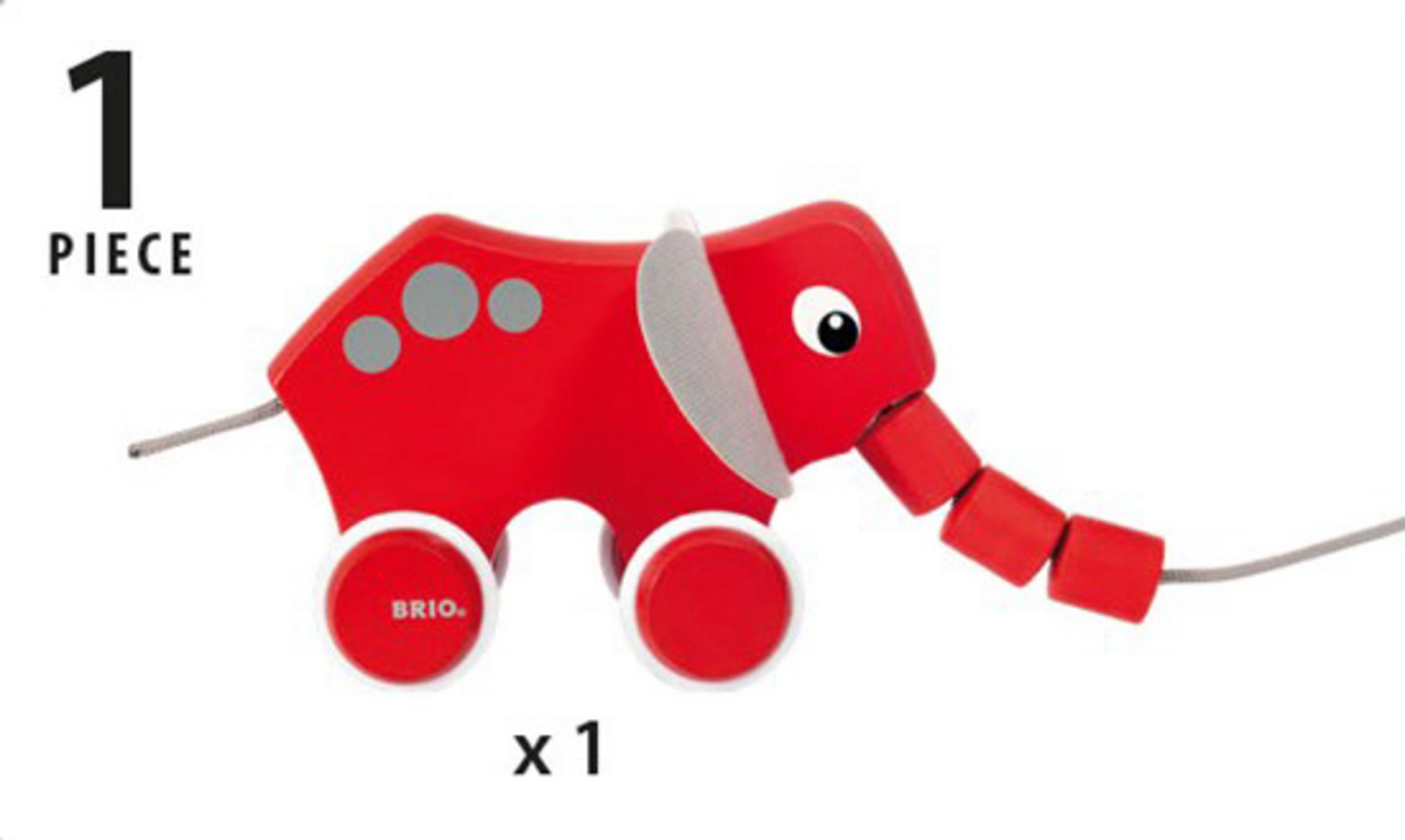 Ein roter Spielzeug-Elefant mit Rädern und einer Schnur, die durch seine Perlen geht.