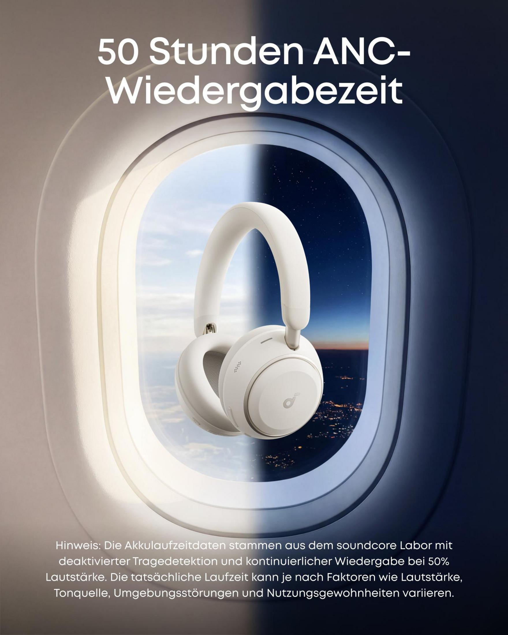 Auriculares blancos frente a la ventana de un avión, día y noche al fondo.