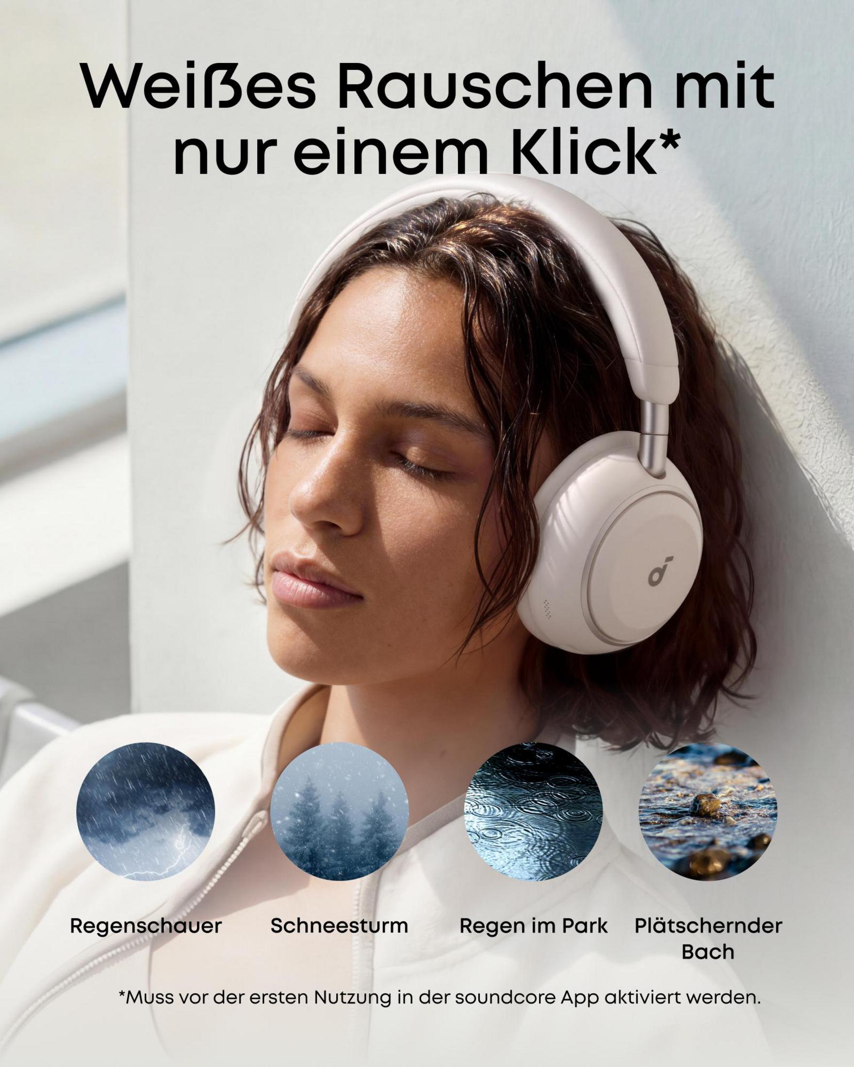 Mujer con auriculares escucha sonidos de lluvia, nieve y arroyo.